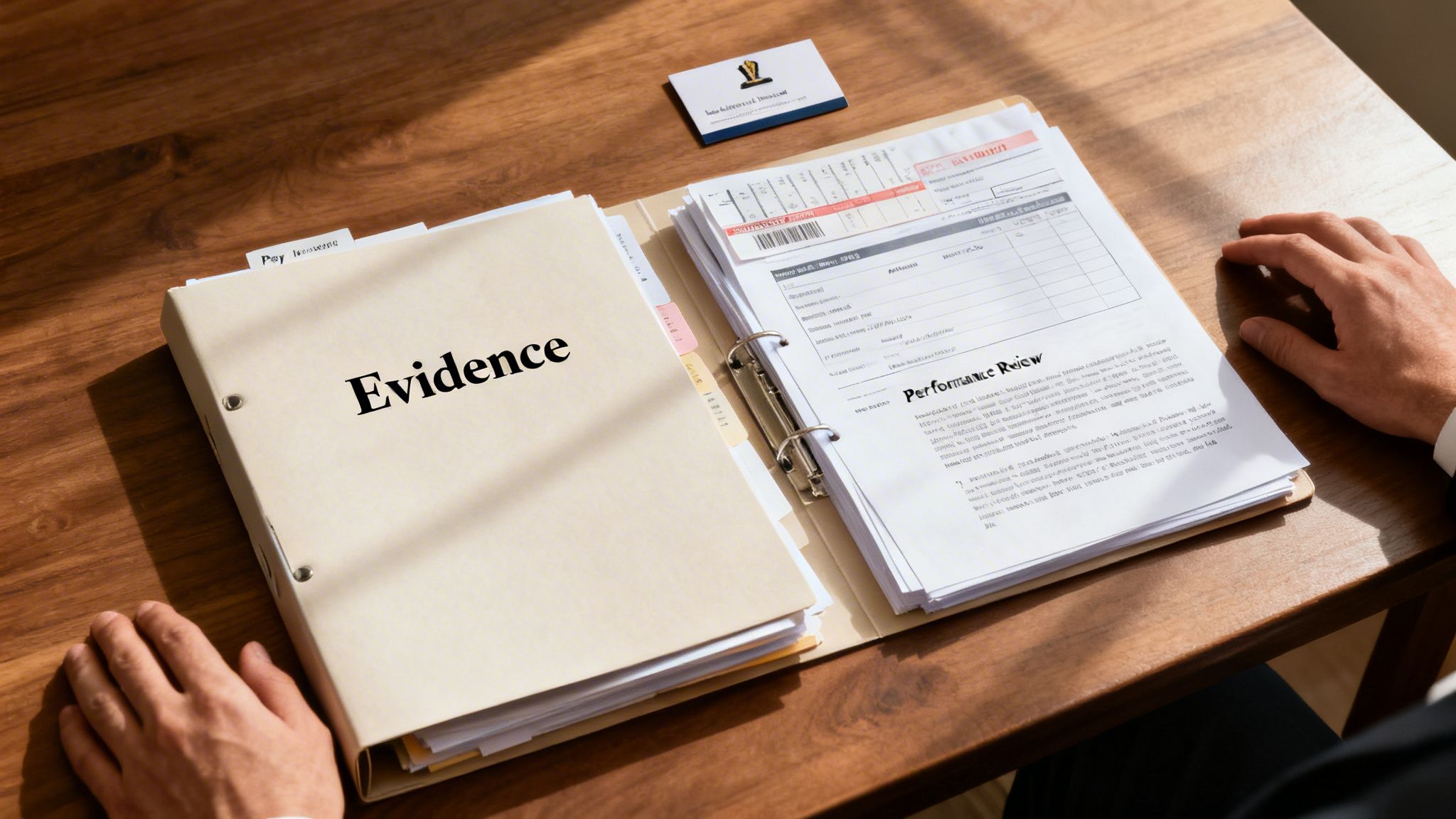 A person's hands resting on a wooden table next to an open binder labeled 'Evidence' containing documents.