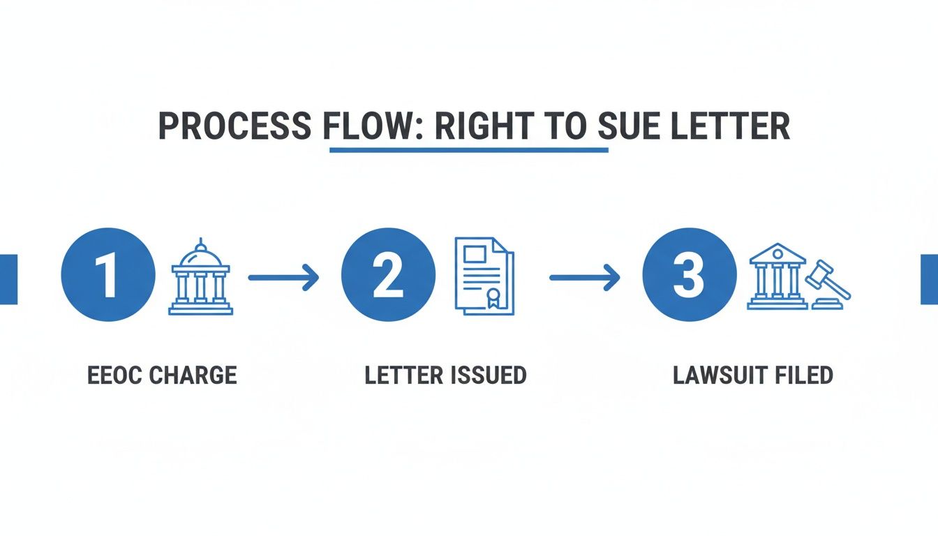 A three-step process flow illustrating how to obtain and use a right to sue letter.