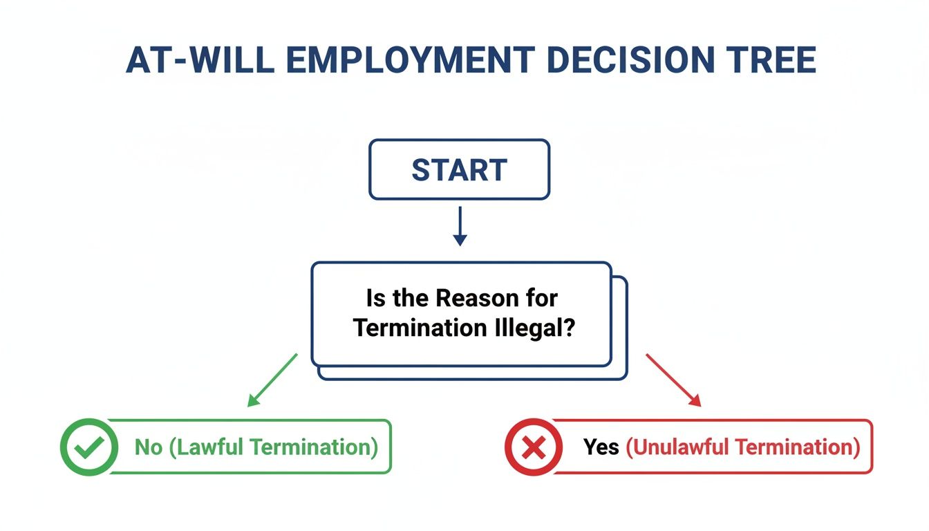 At-will employment decision tree flowchart determining if a termination is lawful or unlawful based on its reason.