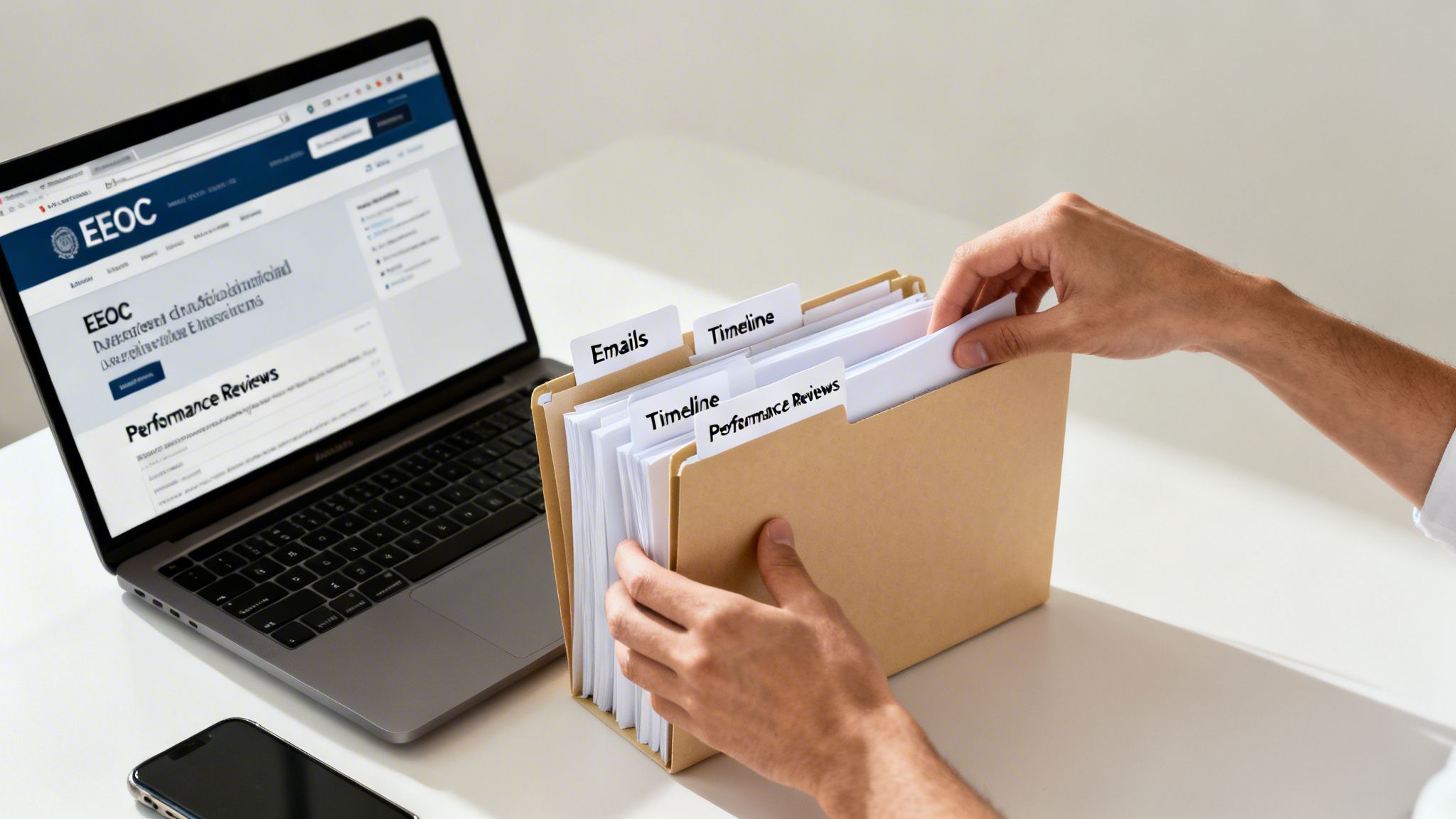A person's hands organize a file folder with labels 'Emails', 'Timeline', 'Performance Reviews' next to a laptop displaying the EEOC website.