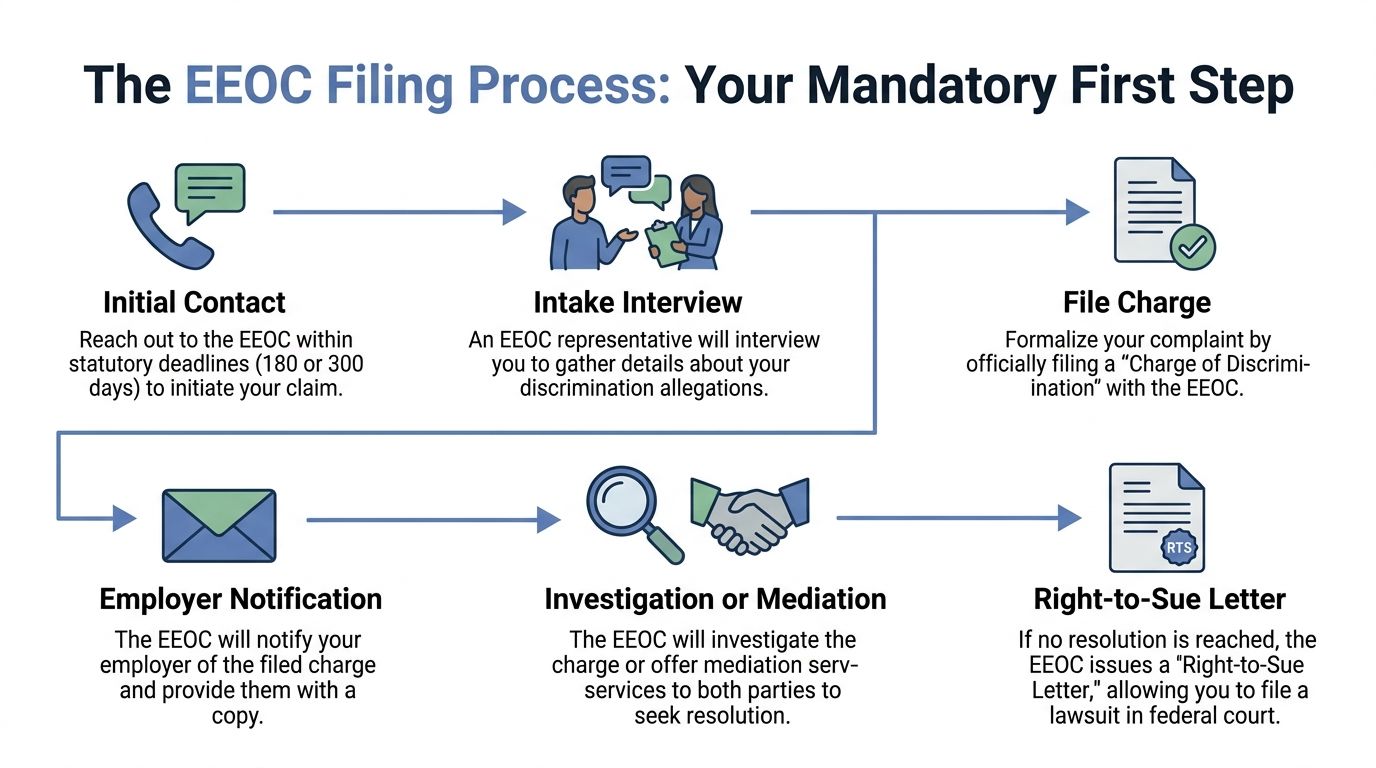 A flowchart infographic explaining the step-by-step EEOC filing process for discrimination complaints against an employer.