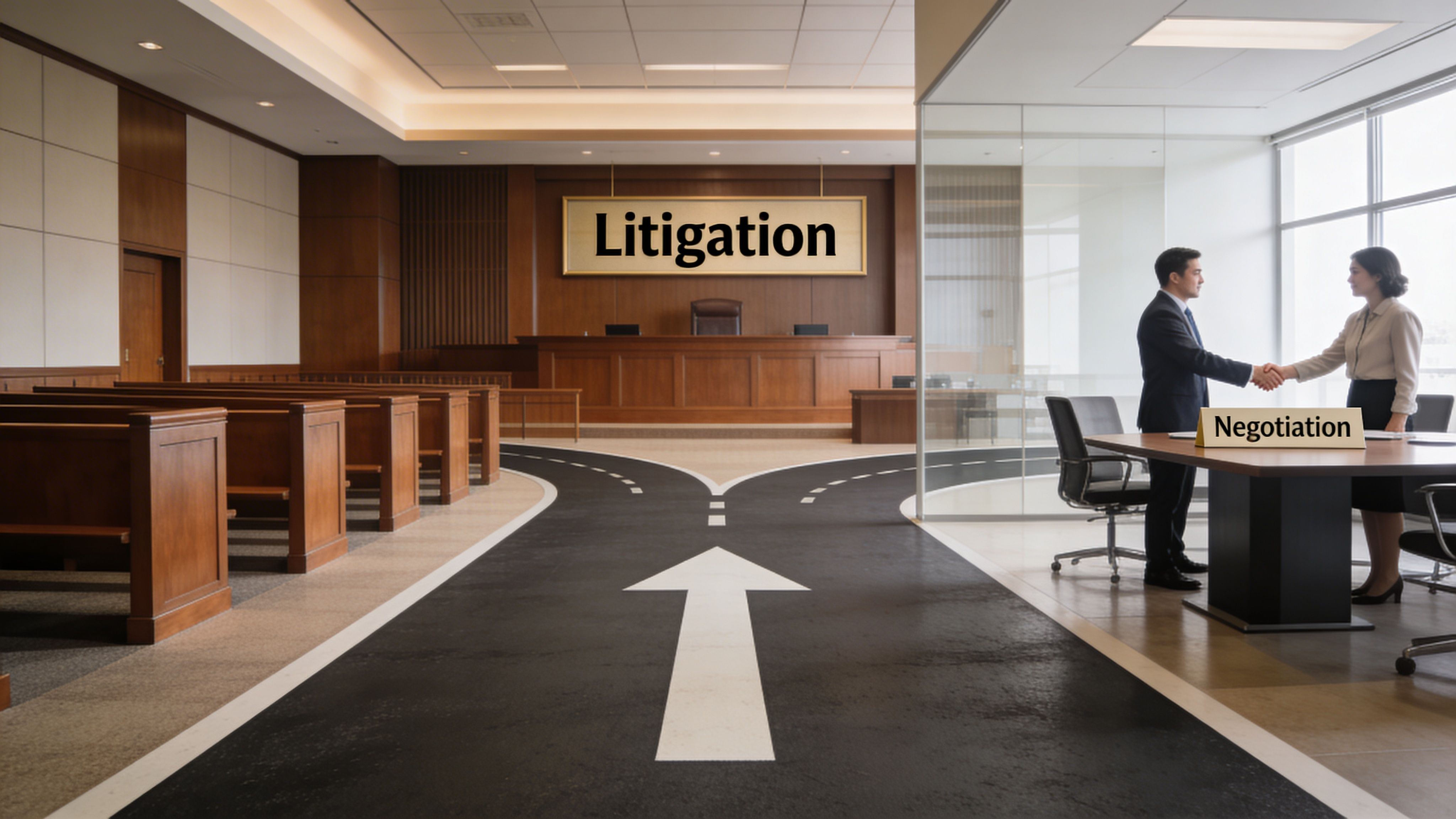 A split road path showing a courtroom representing litigation and a business meeting representing negotiation options.