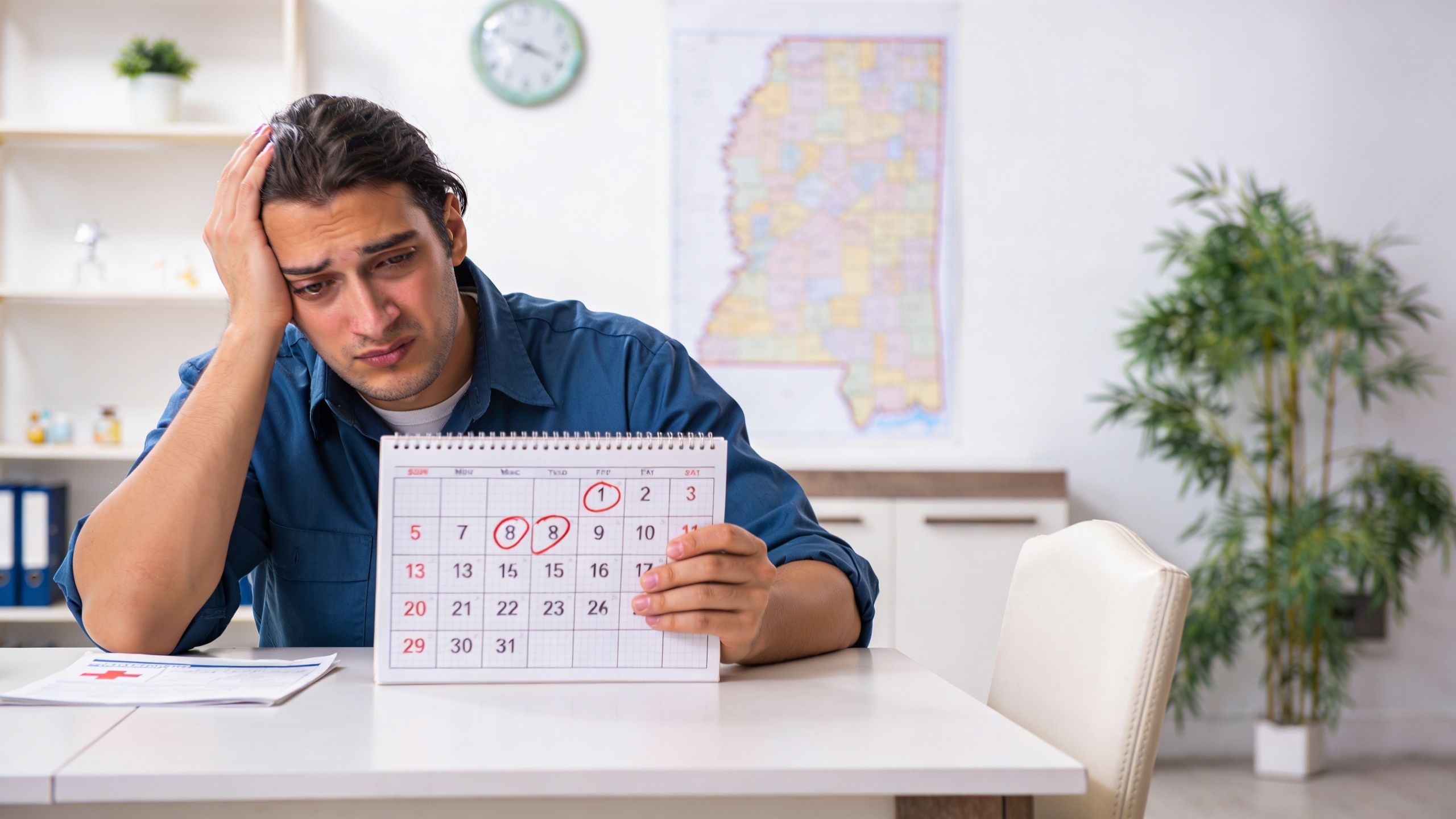 A distressed man looking at a calendar with marked dates while considering his leave of absence options.