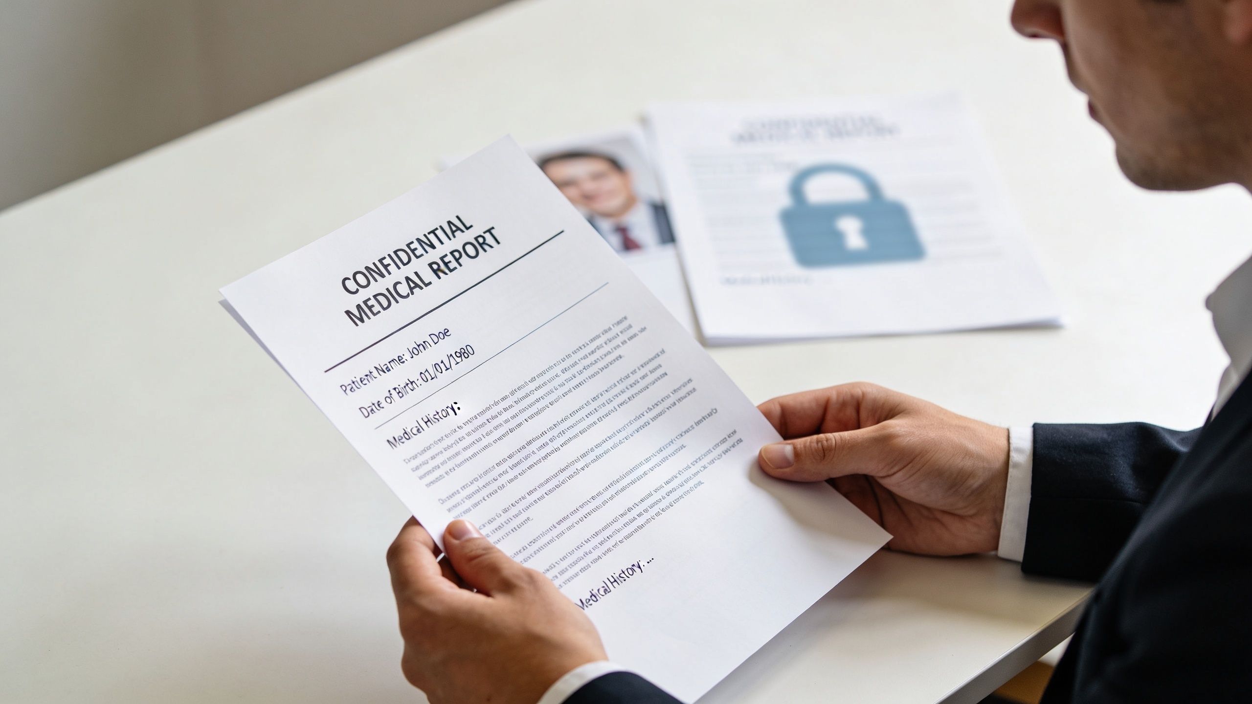 A professional man in a suit holding a confidential medical report document at an office desk.