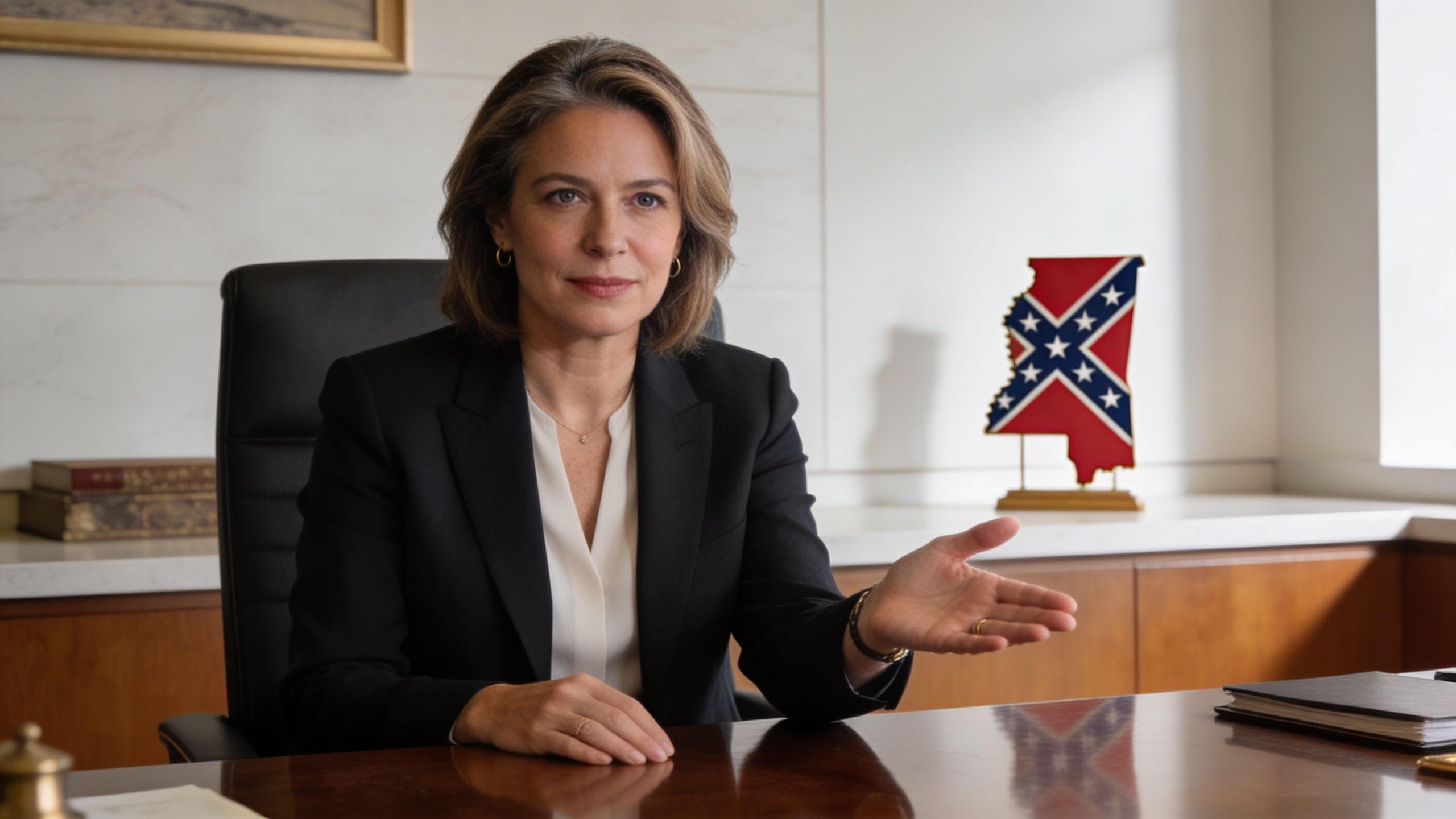 A professional woman in a black blazer sits at a desk with an office background.