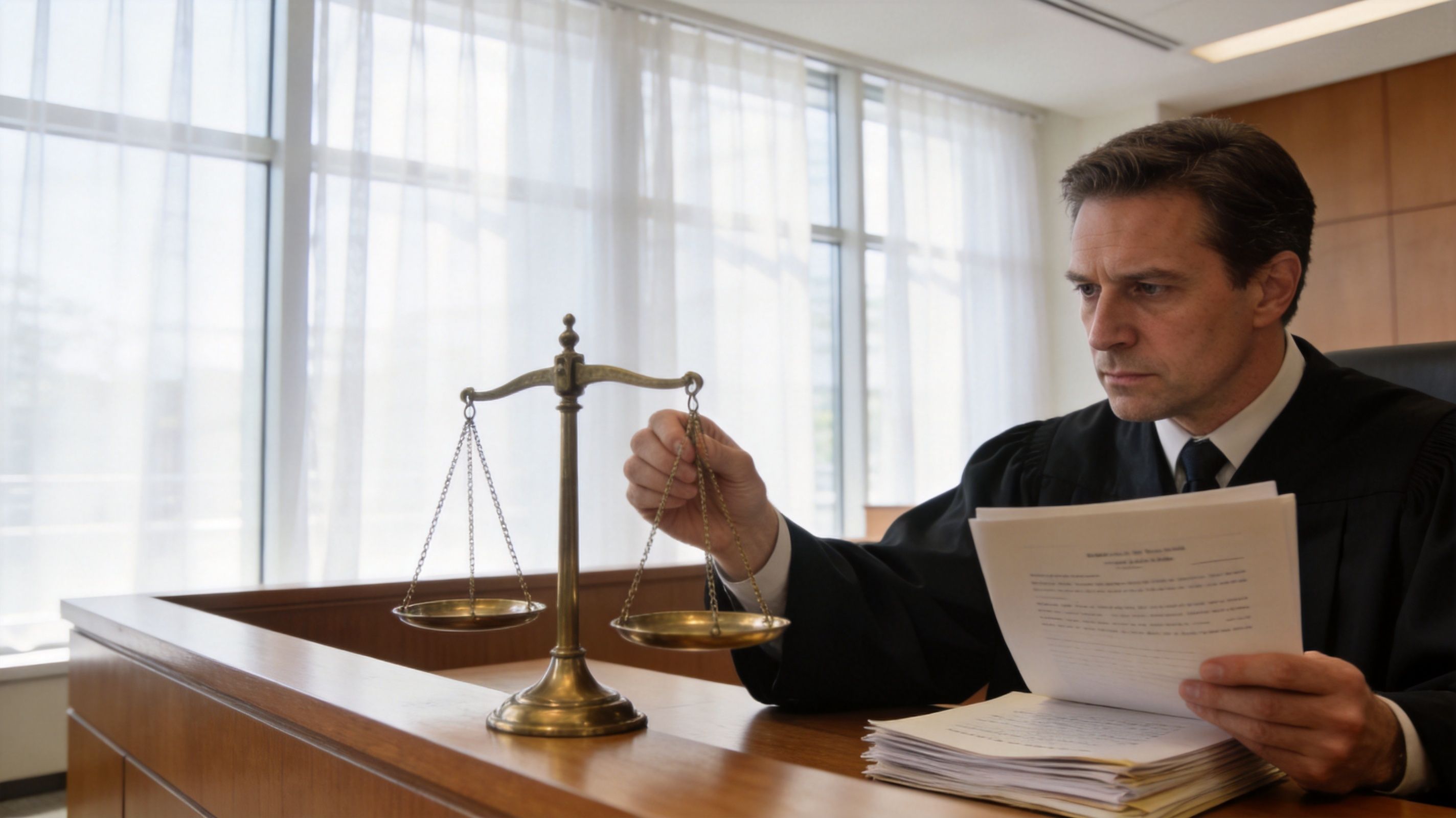 A serious judge in a courtroom examining legal documents while holding a decorative scale of justice.
