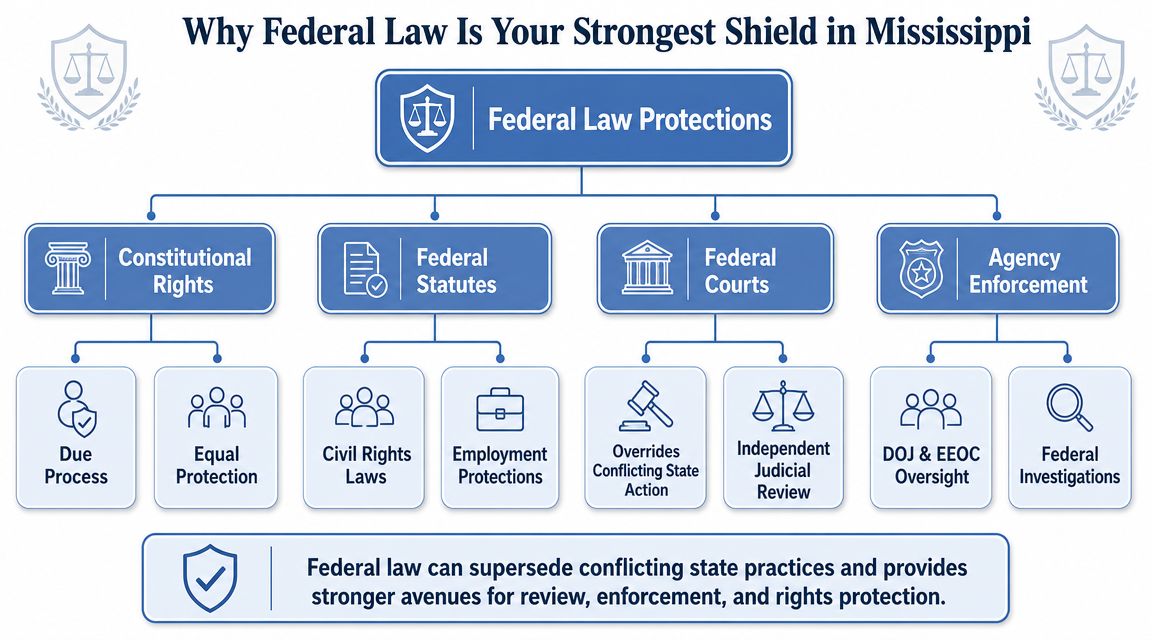 An organizational chart explaining how federal law provides legal protections and rights for citizens in Mississippi.