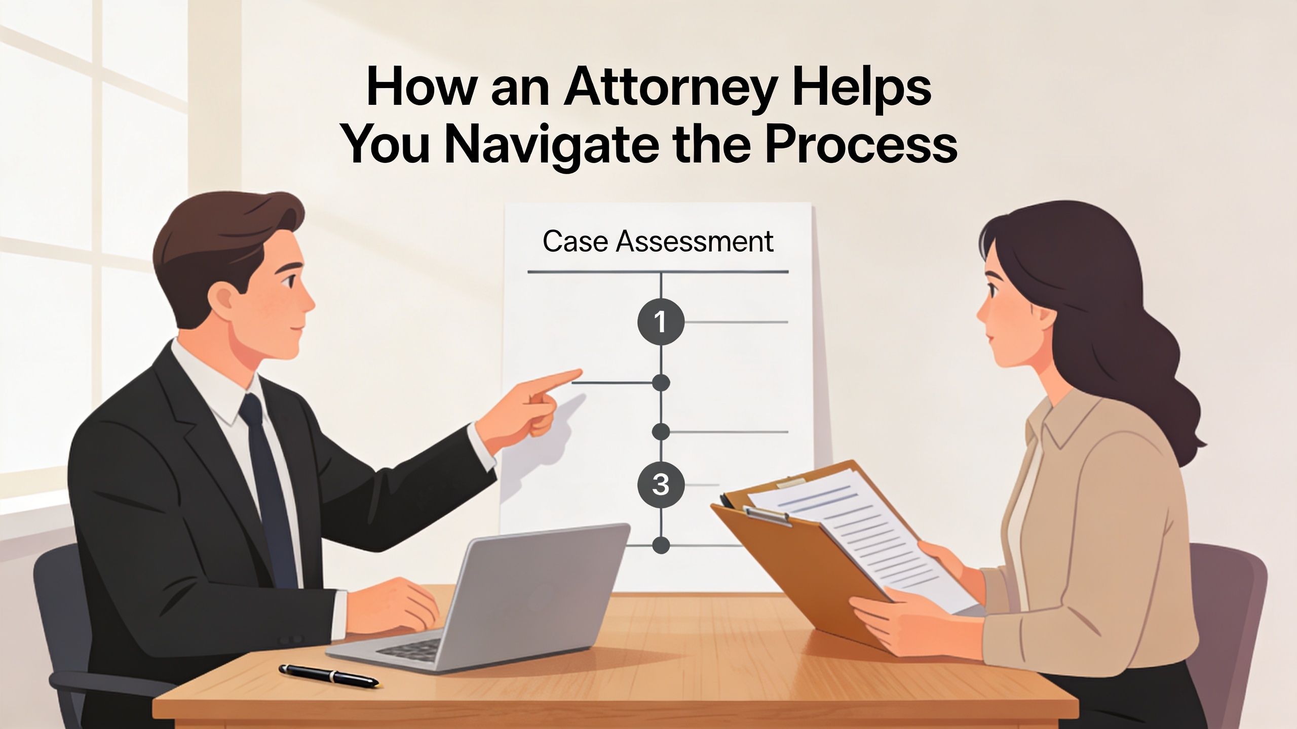 A professional attorney discussing a case assessment process with a client in a well-lit modern office setting.