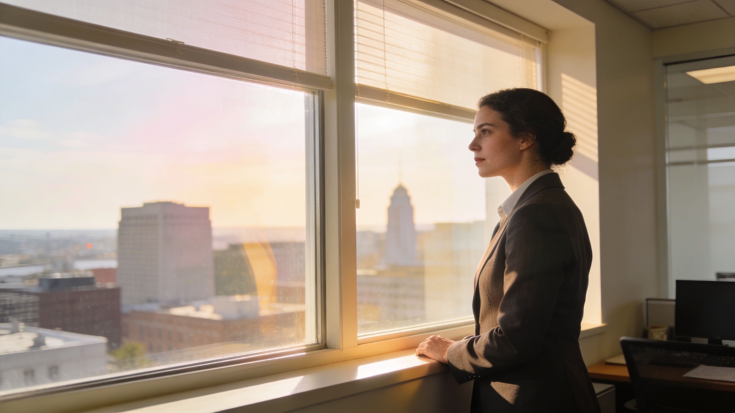 A professional woman in a suit looks out an office window at a city skyline at sunset.