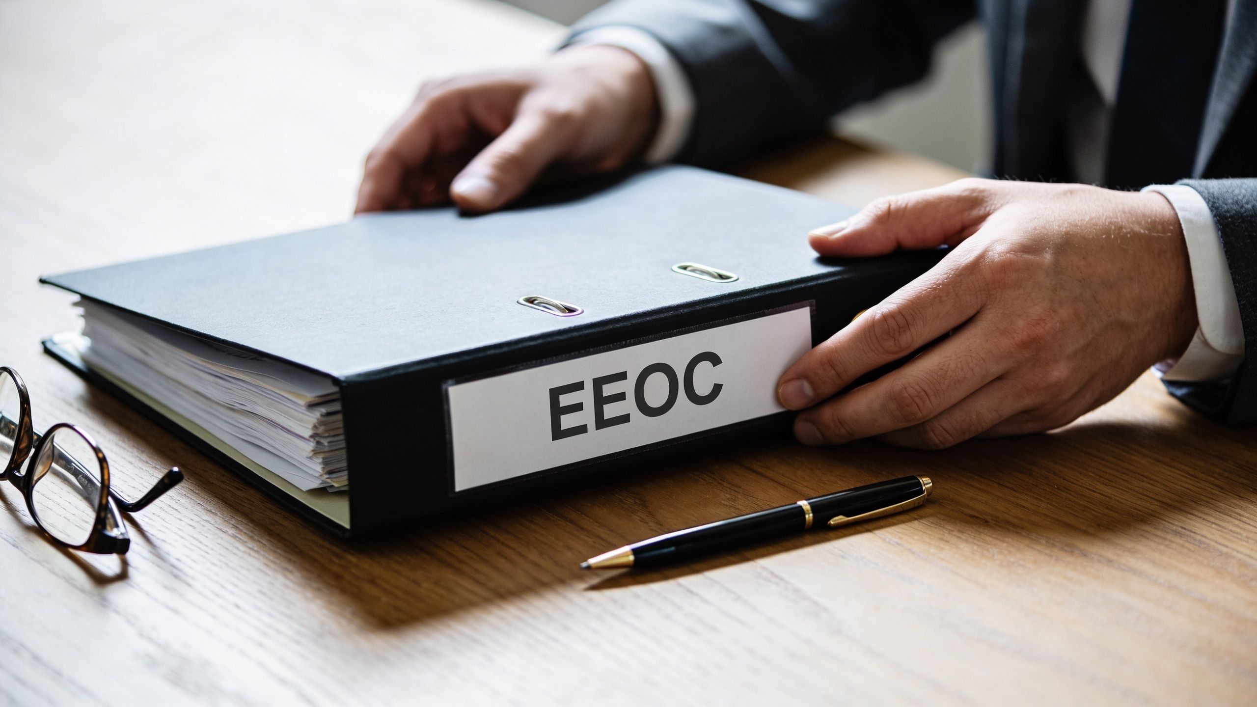 A professional holding a black binder labeled EEOC on a wooden desk with glasses and a pen.