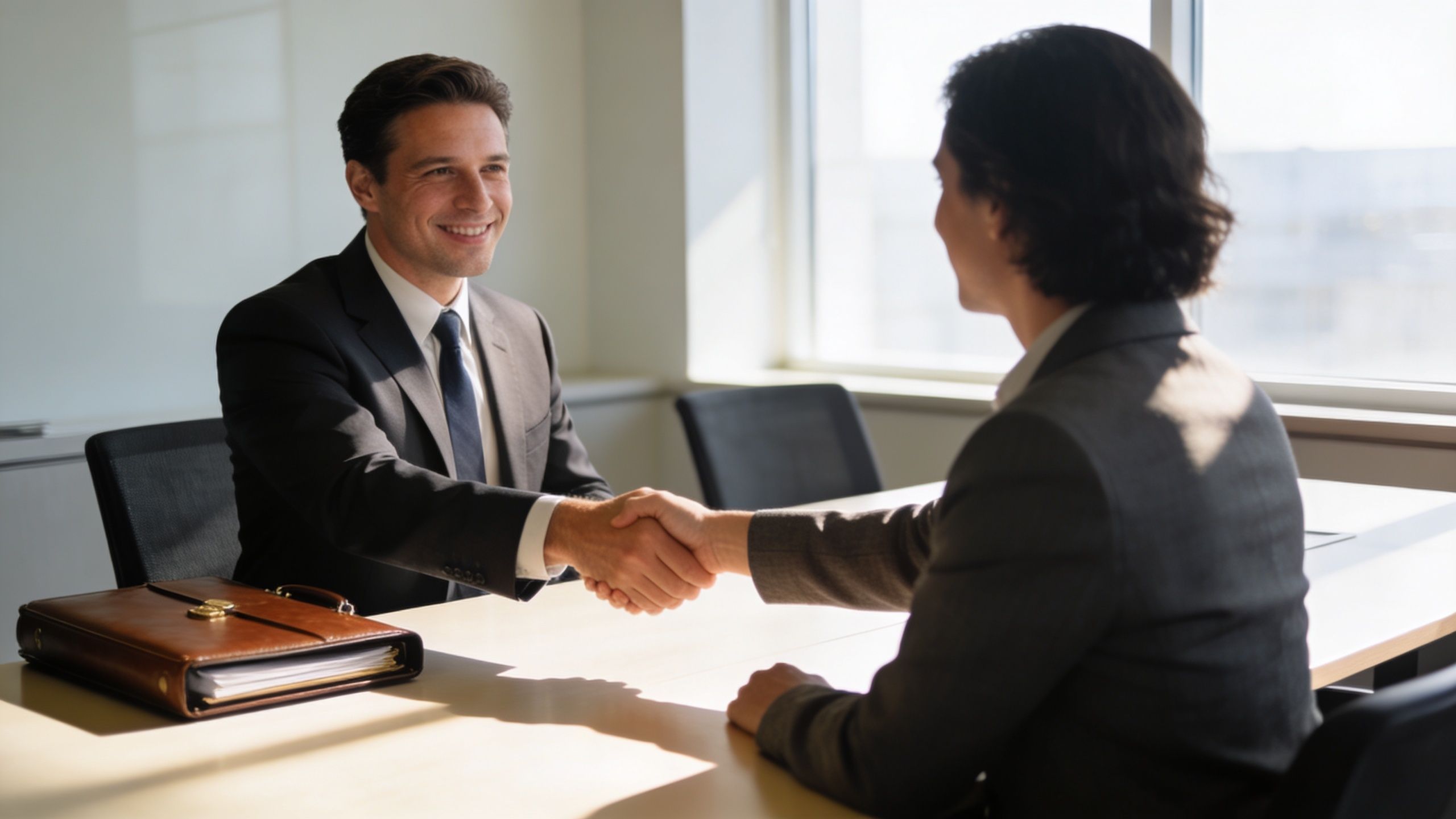 A professional man in a suit shaking hands with a colleague across a desk during a meeting.