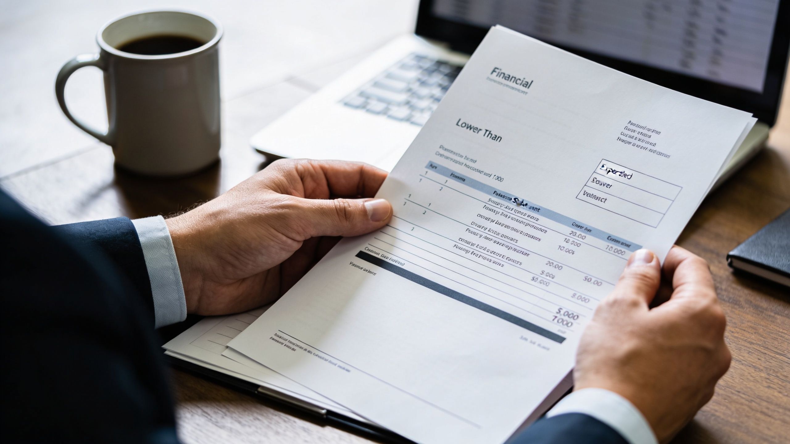A professional in a suit reviewing a financial document at a desk with a coffee mug.
