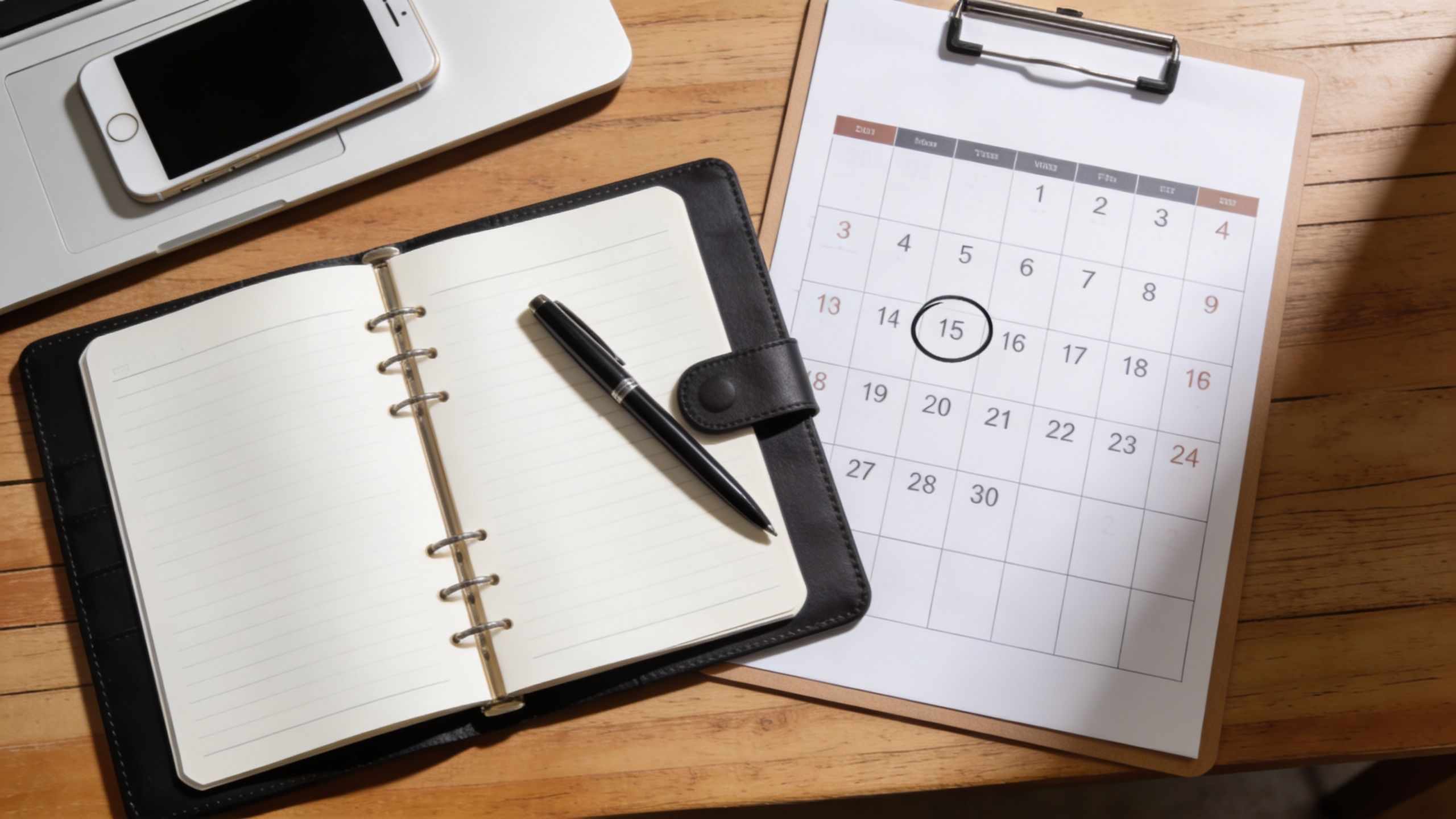 A high-angle view of a wooden desk featuring a laptop, smartphone, open planner, pen, and calendar.