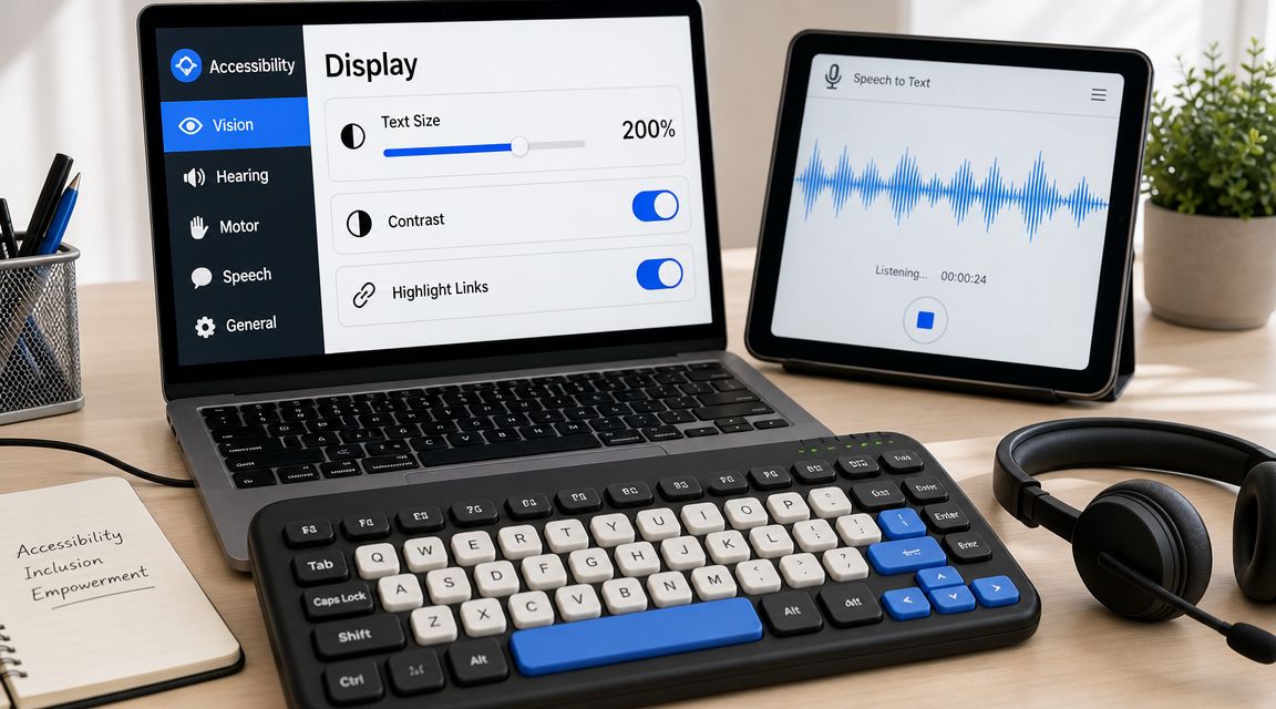 A modern desk workspace featuring a laptop displaying accessibility settings and a tablet showing speech-to-text software.