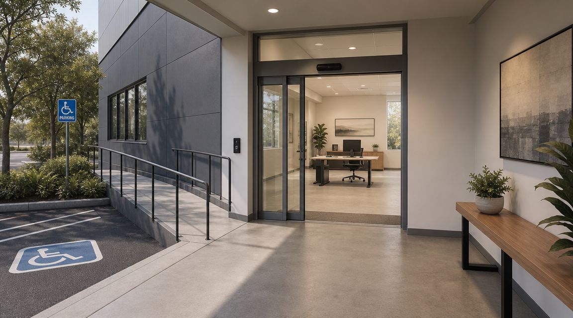 A modern building entrance featuring a wheelchair accessible ramp leading to automatic glass doors for office access.