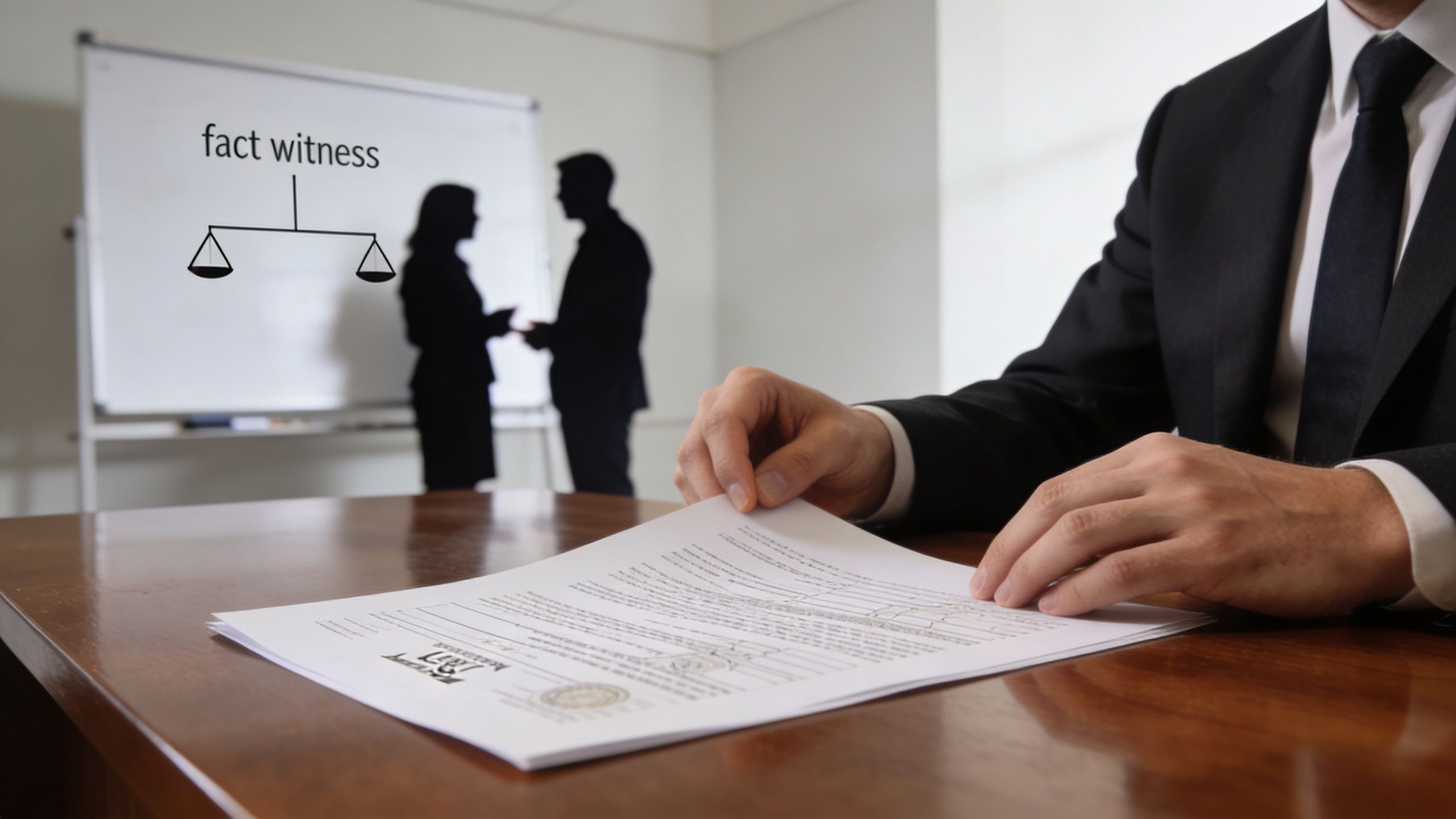 A professional in a suit reviewing legal documents with a fact witness concept on a whiteboard.