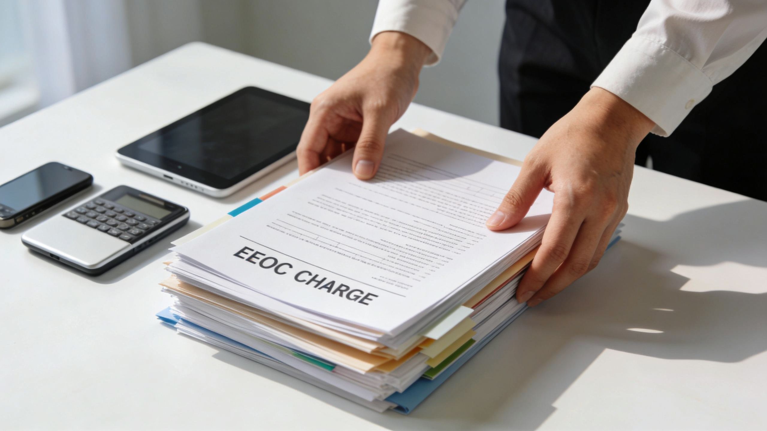 A professional holding a large stack of documents titled EEOC Charge on a white office desk.