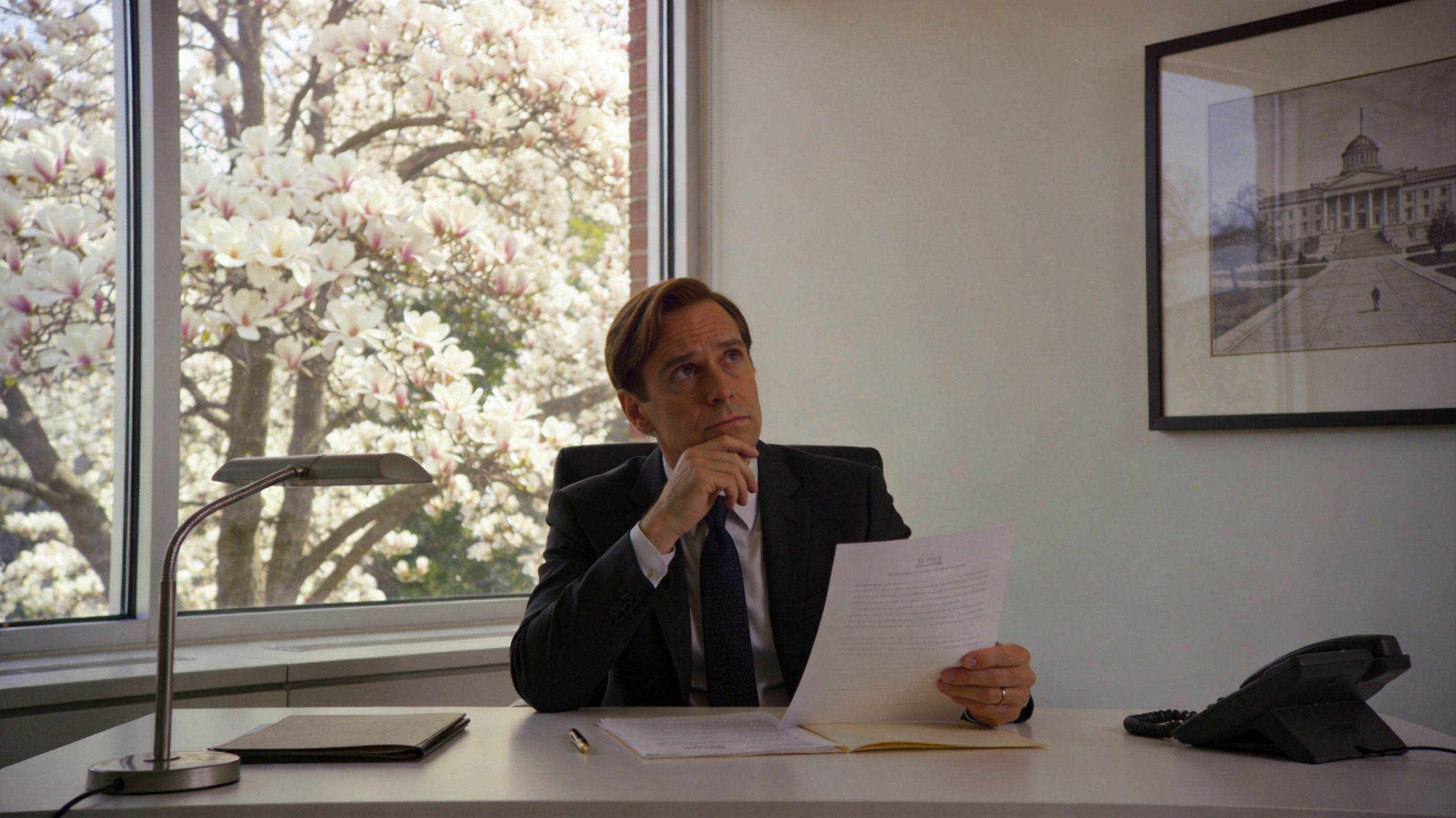 A professional man sitting at an office desk looking thoughtful while holding a document in his hand.