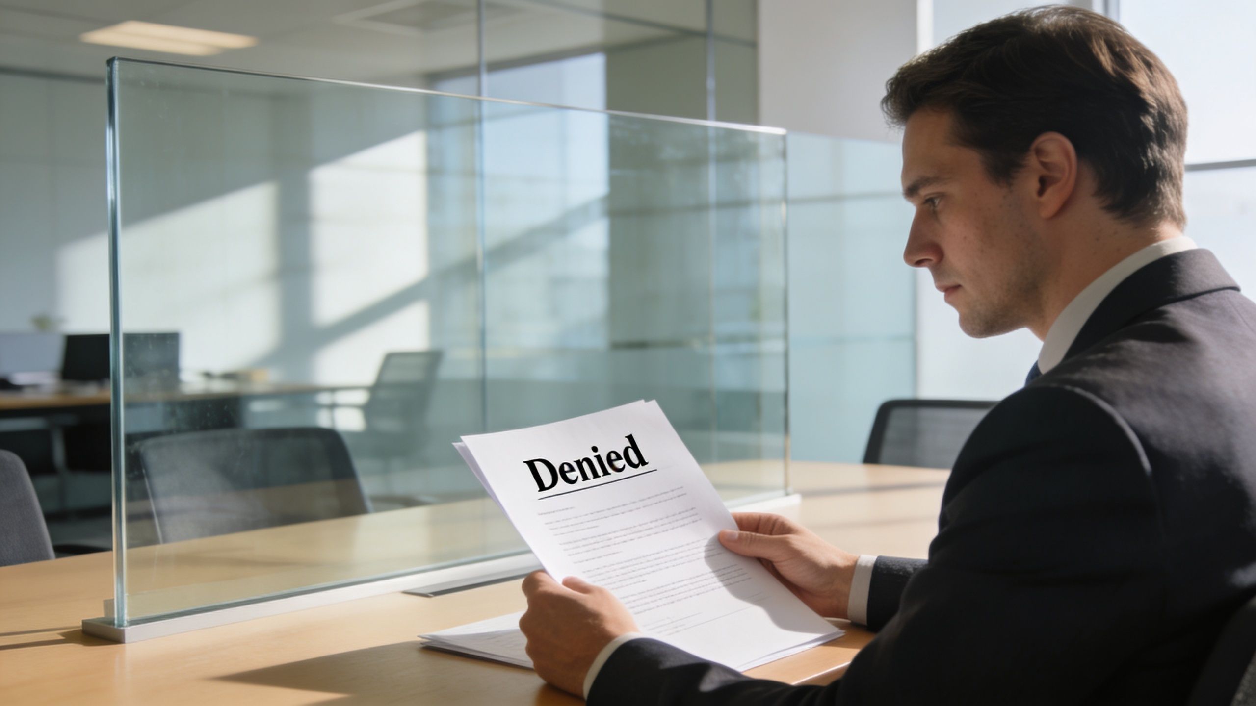 A professional man in a suit reads a document marked with the word Denied in an office.