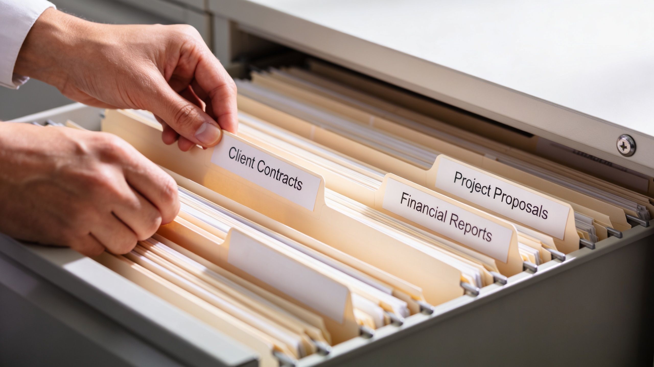 A person selecting a folder labeled Client Contracts from a metal office filing cabinet drawer.