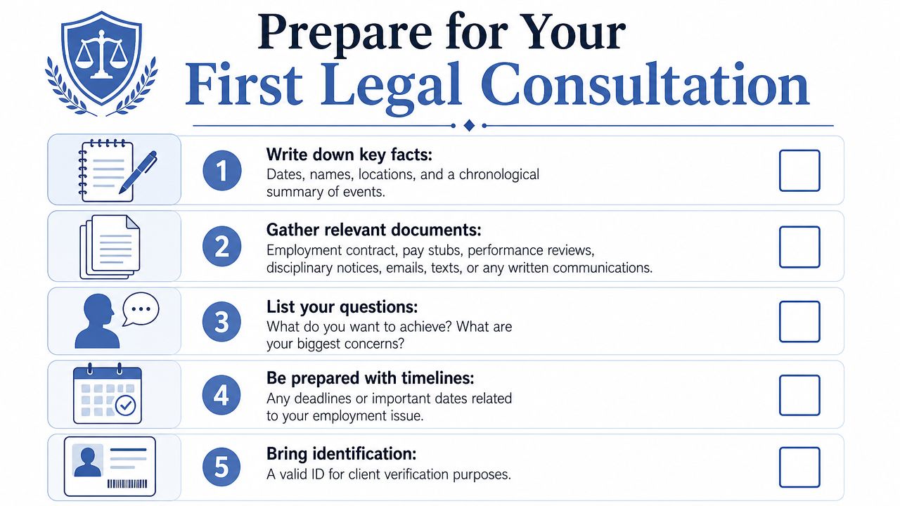 An infographic checklist for preparing for an initial legal consultation regarding employment law issues.