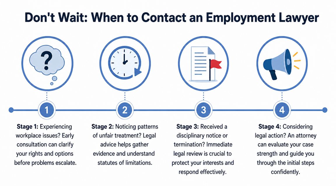 An infographic showing four stages of when to contact an employment lawyer for professional legal help.