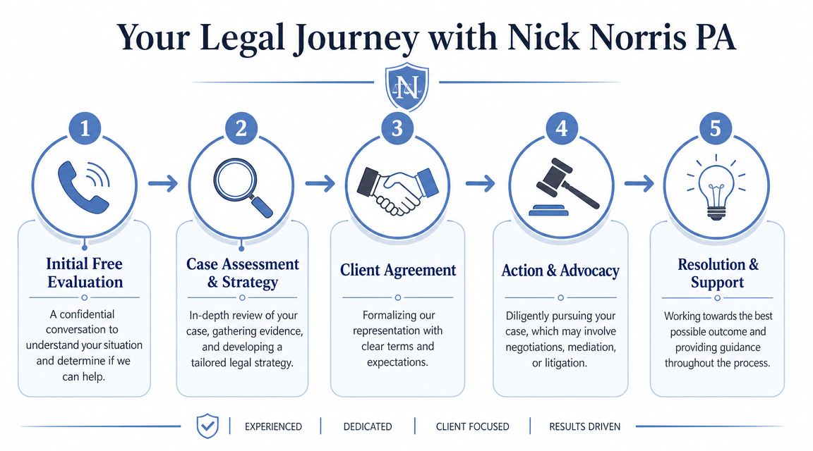 A five-step flowchart illustrating the legal services journey with Nick Norris PA from evaluation to resolution.
