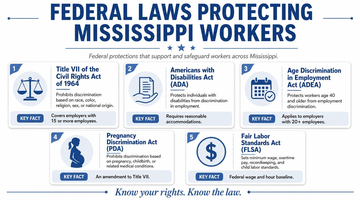 An infographic showing five key federal laws protecting workers' rights in the state of Mississippi.