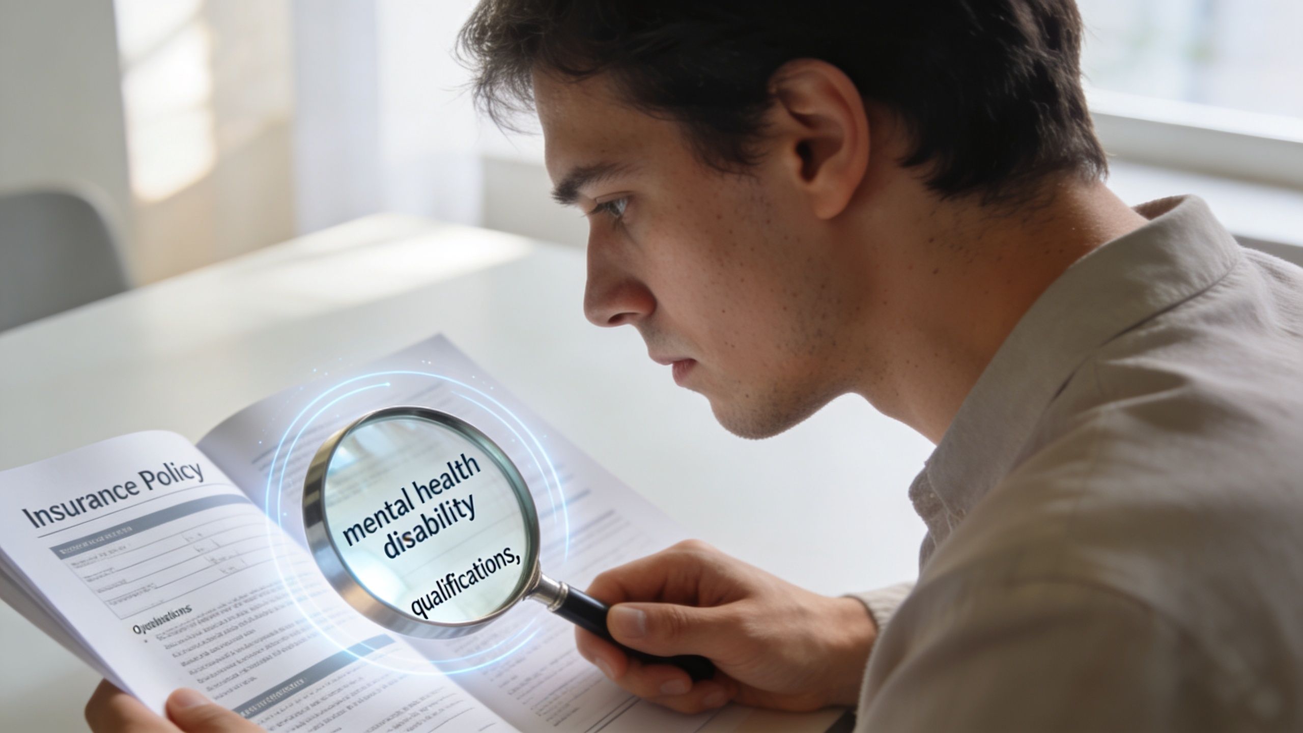 A man intensely examines an insurance policy document using a magnifying glass to read specific disability qualifications.