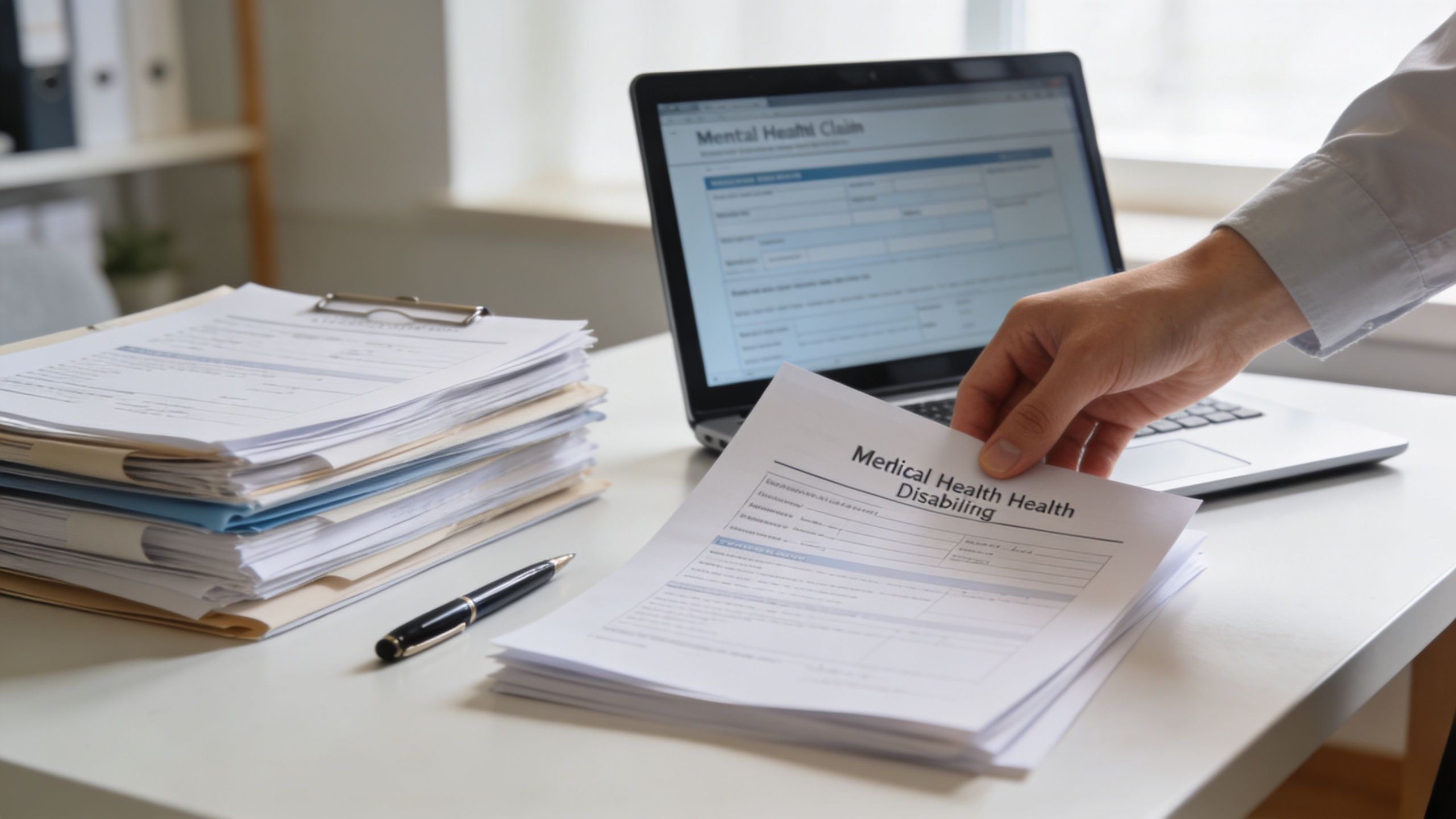 A person handling long-term disability for mental health claim documents at a professional office desk.