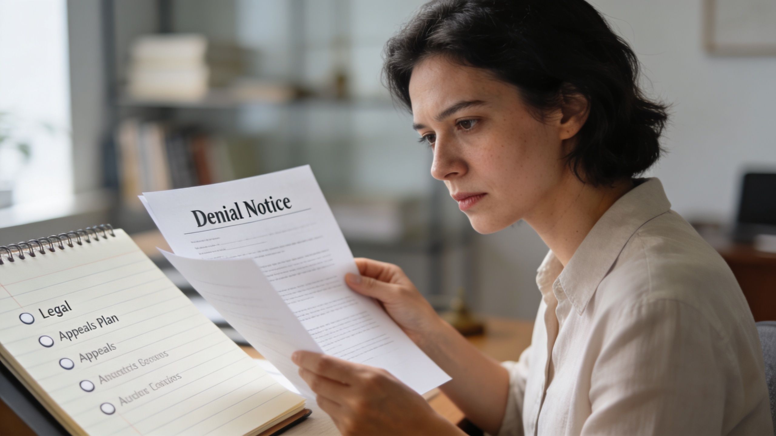 A concerned woman reading a formal denial notice document while seated at a desk in an office.