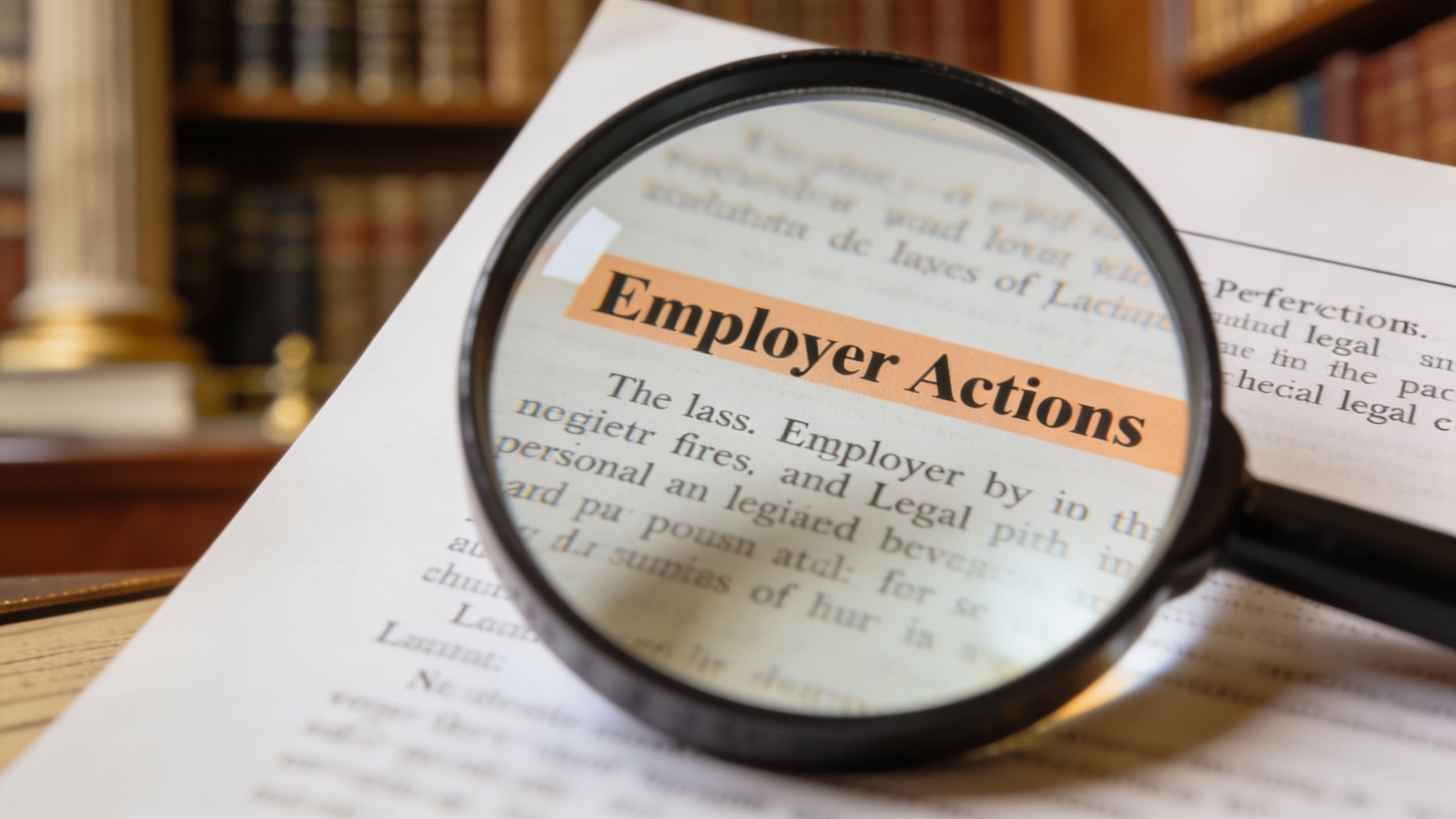 A magnifying glass focusing on the words Employer Actions written on a page of a law book.