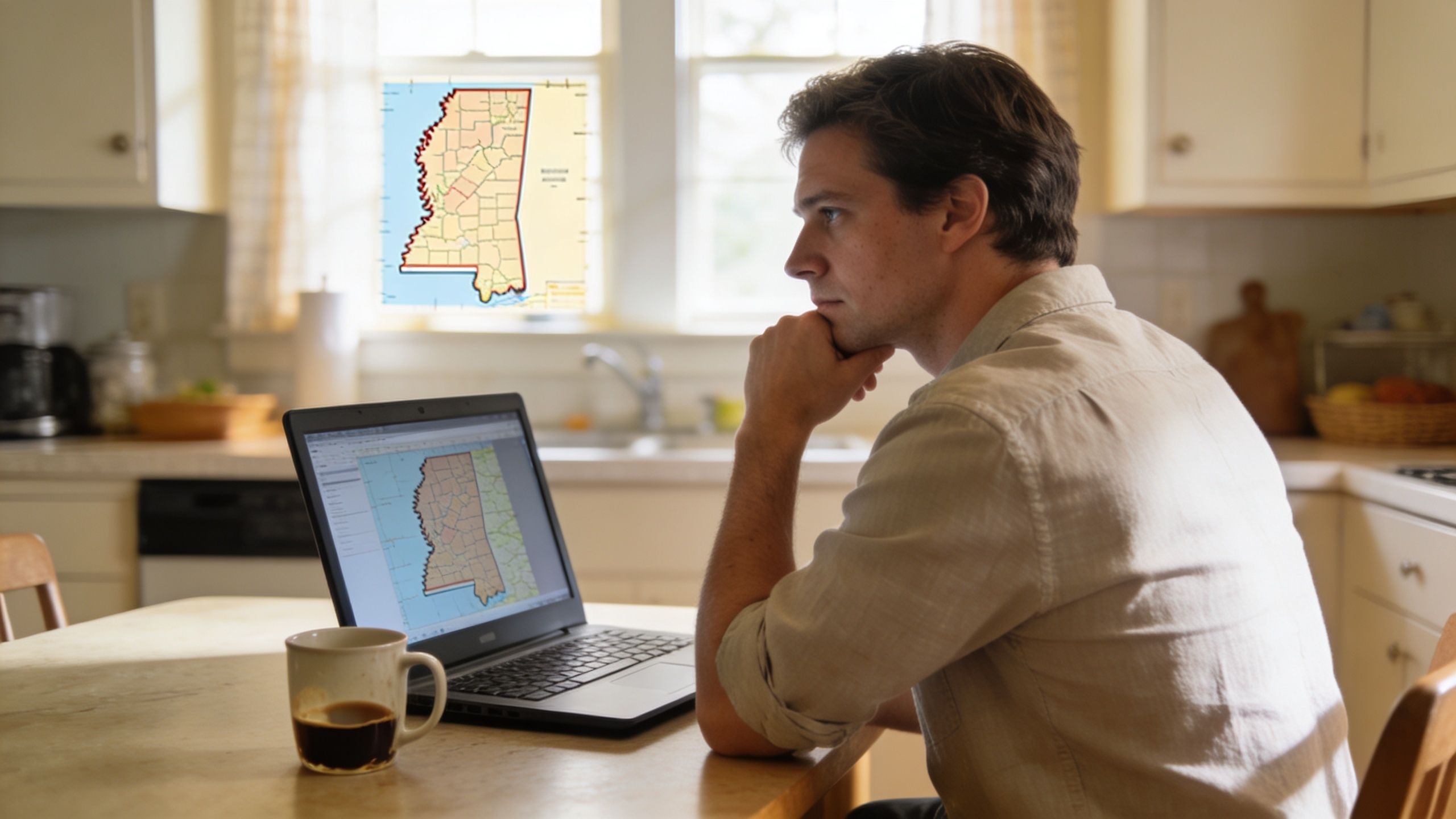 A man in a kitchen sits at a laptop reviewing a map of Mississippi unemployment data.