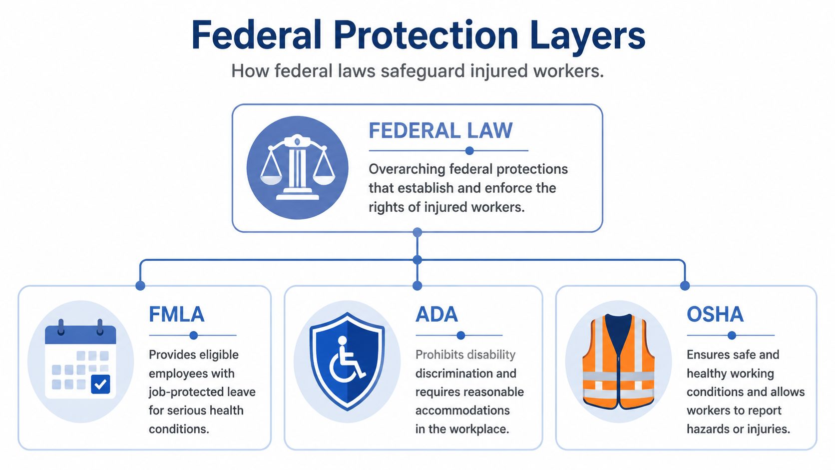 A diagram outlining federal laws that protect injured workers, including FMLA, ADA, and OSHA regulations.