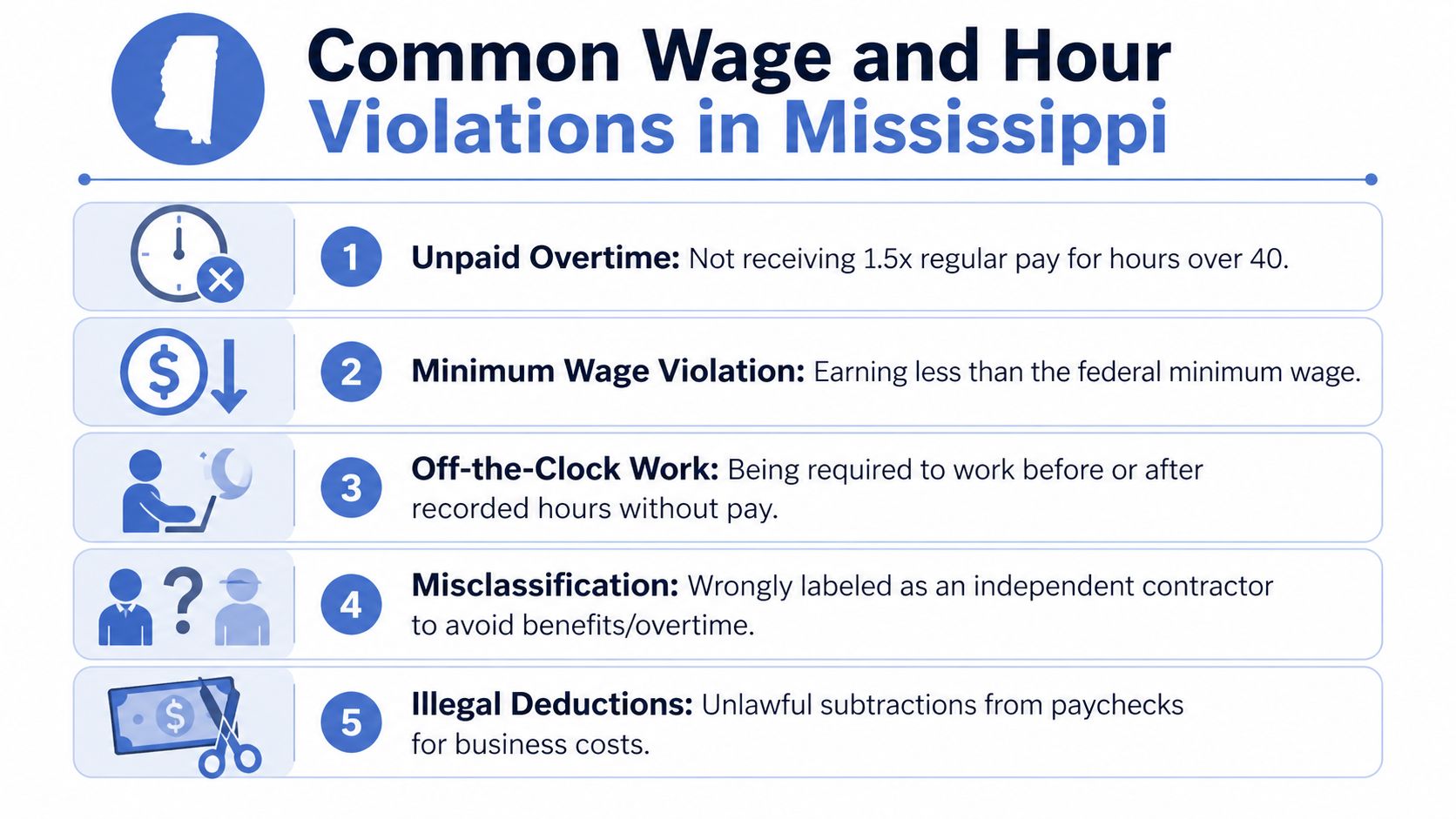 An infographic detailing five common wage and hour labor law violations occurring in the state of Mississippi.