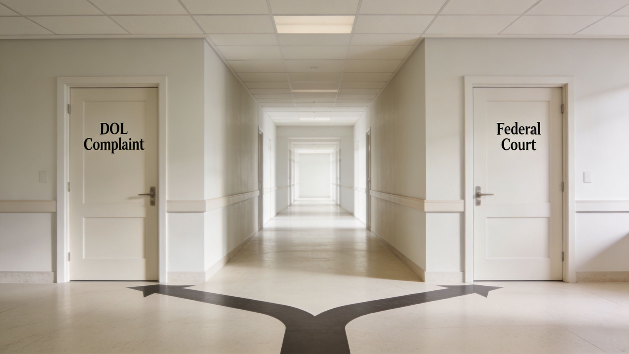 A long hallway with two closed white doors labeled DOL Complaint and Federal Court with arrows.