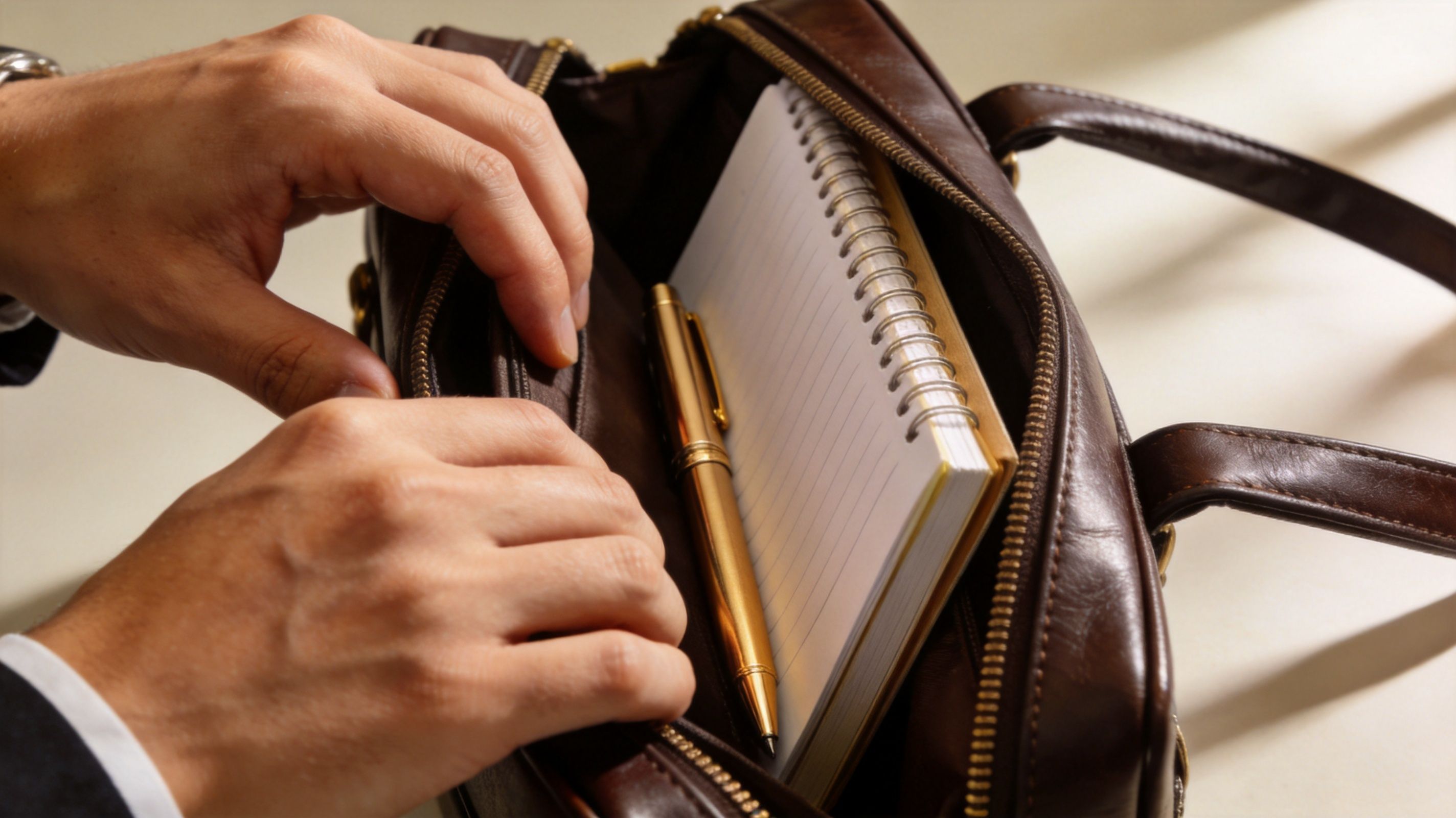 A professional man placing a gold pen into his brown leather briefcase containing a spiral notebook.