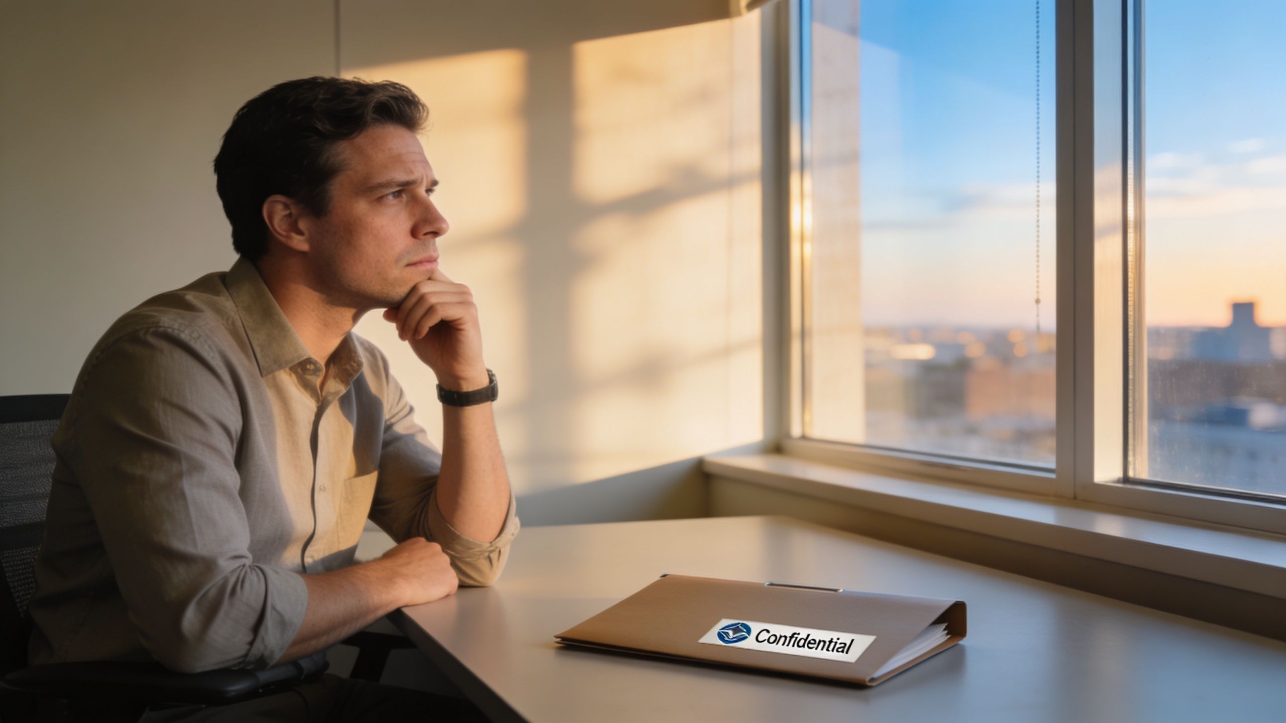 A contemplative businessman sits at his office desk, staring out the window at a sunset.