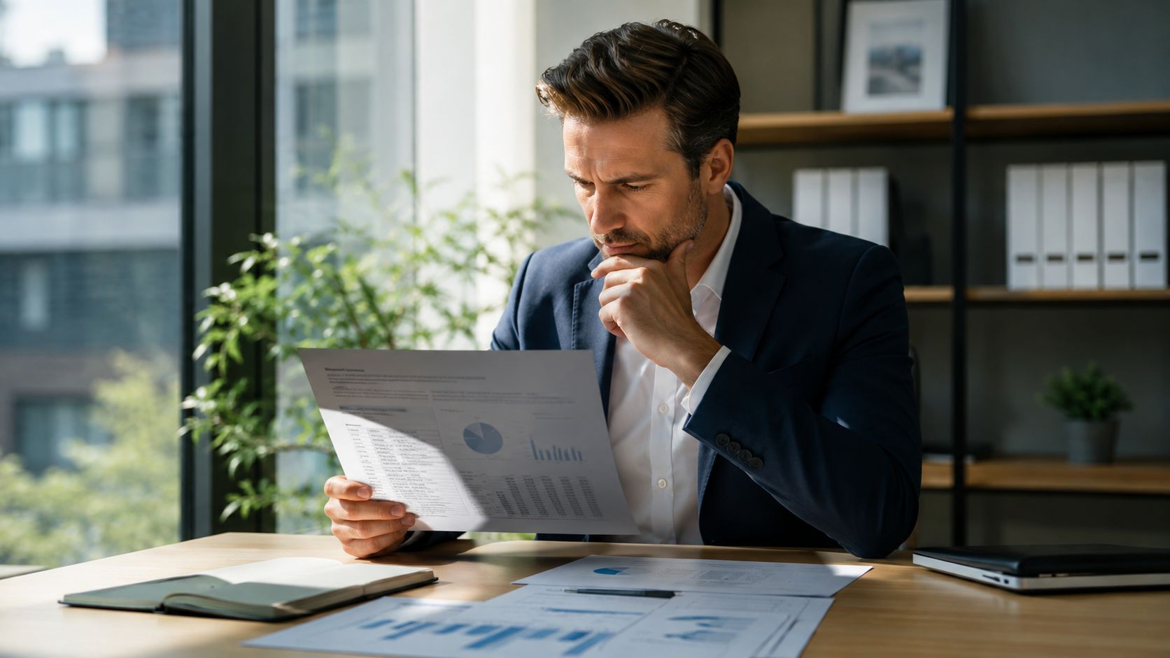 A professional businessman in a suit studying financial reports and charts at his modern office desk.