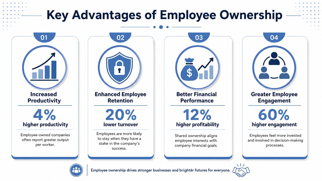 An infographic showing four key benefits of employee ownership: productivity, retention, financial performance, and engagement.