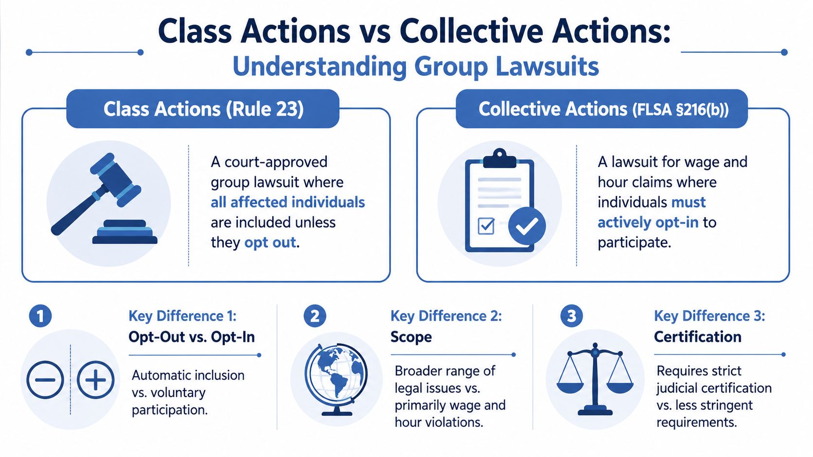 An infographic comparing the differences between class action lawsuits and collective action employment lawsuits.