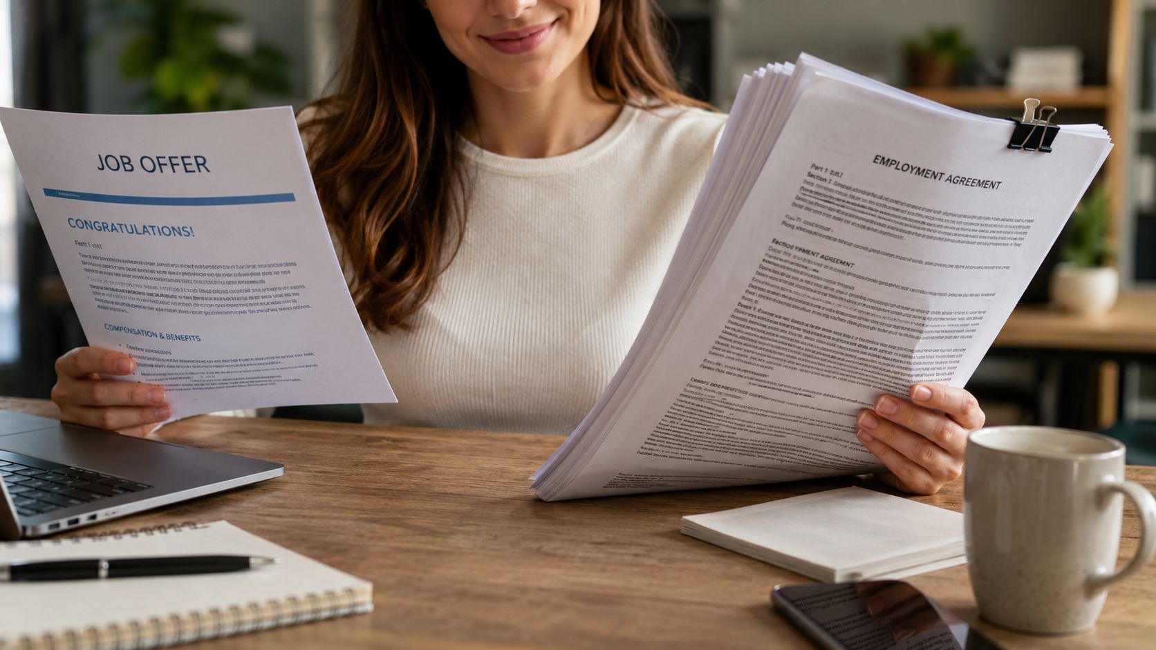 A woman reviewing a job offer and employment agreement at her desk with a laptop and coffee.