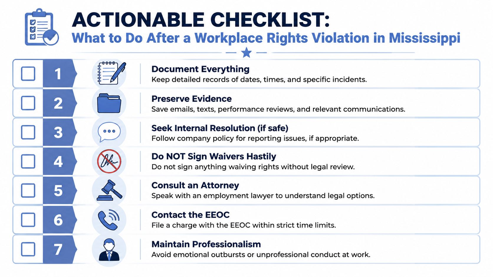 An actionable checklist infographic for employees regarding what to do after a workplace rights violation in Mississippi.