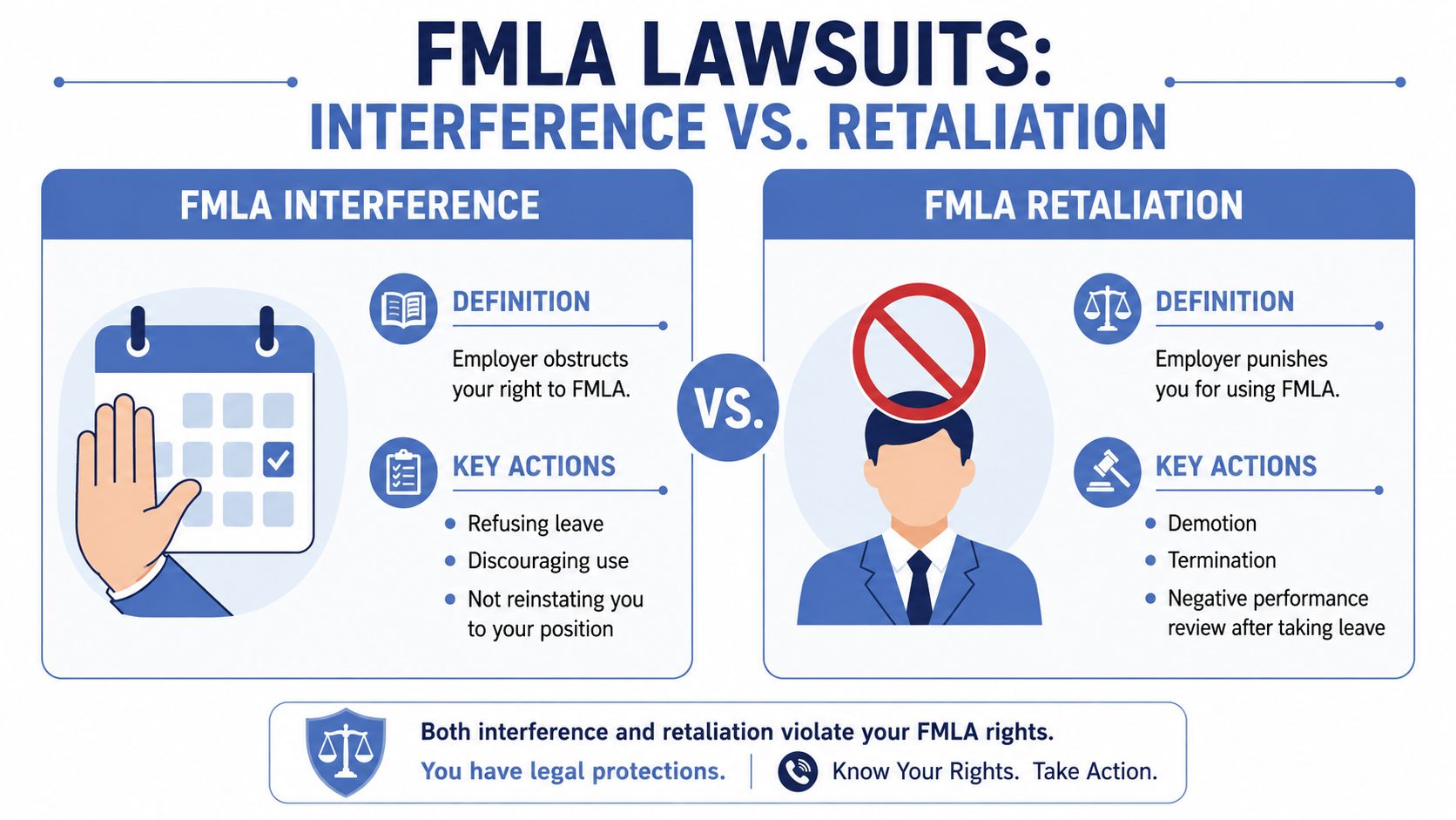 An infographic explaining the differences between FMLA interference and retaliation lawsuits for workplace leave rights.