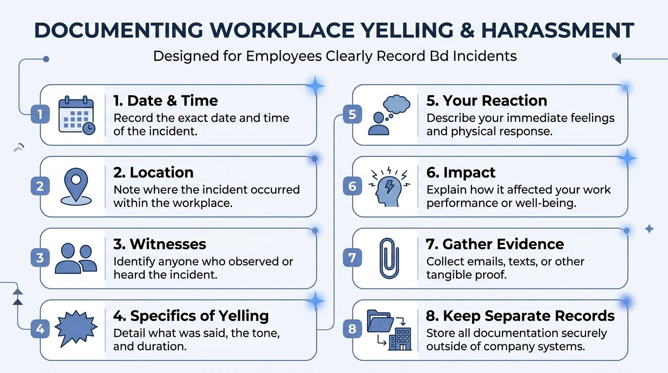 An infographic titled Documenting Workplace Yelling and Harassment, providing eight numbered steps for employees to record incidents.