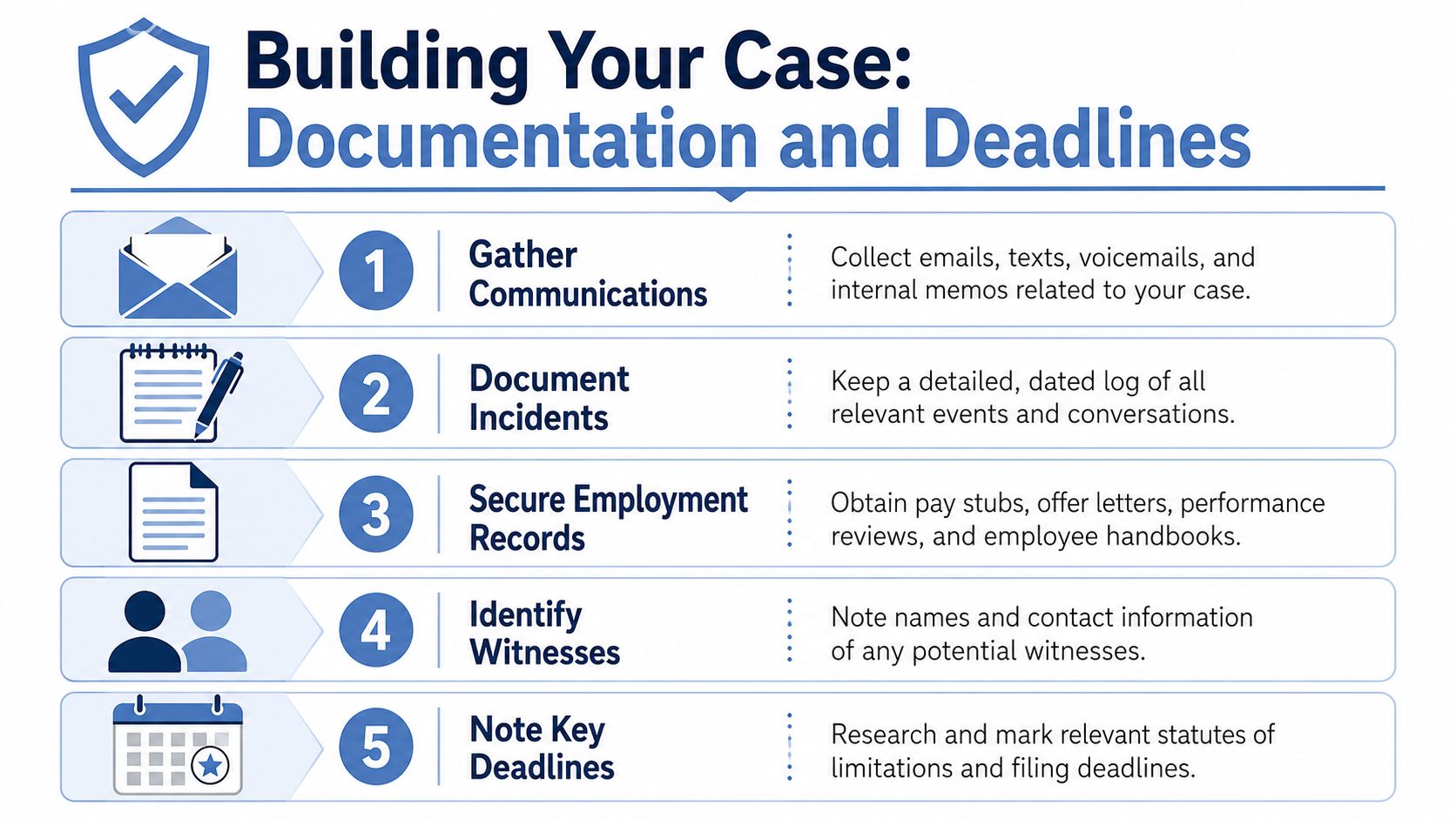 An infographic titled Building Your Case outlining five key steps for gathering documentation and managing legal deadlines.