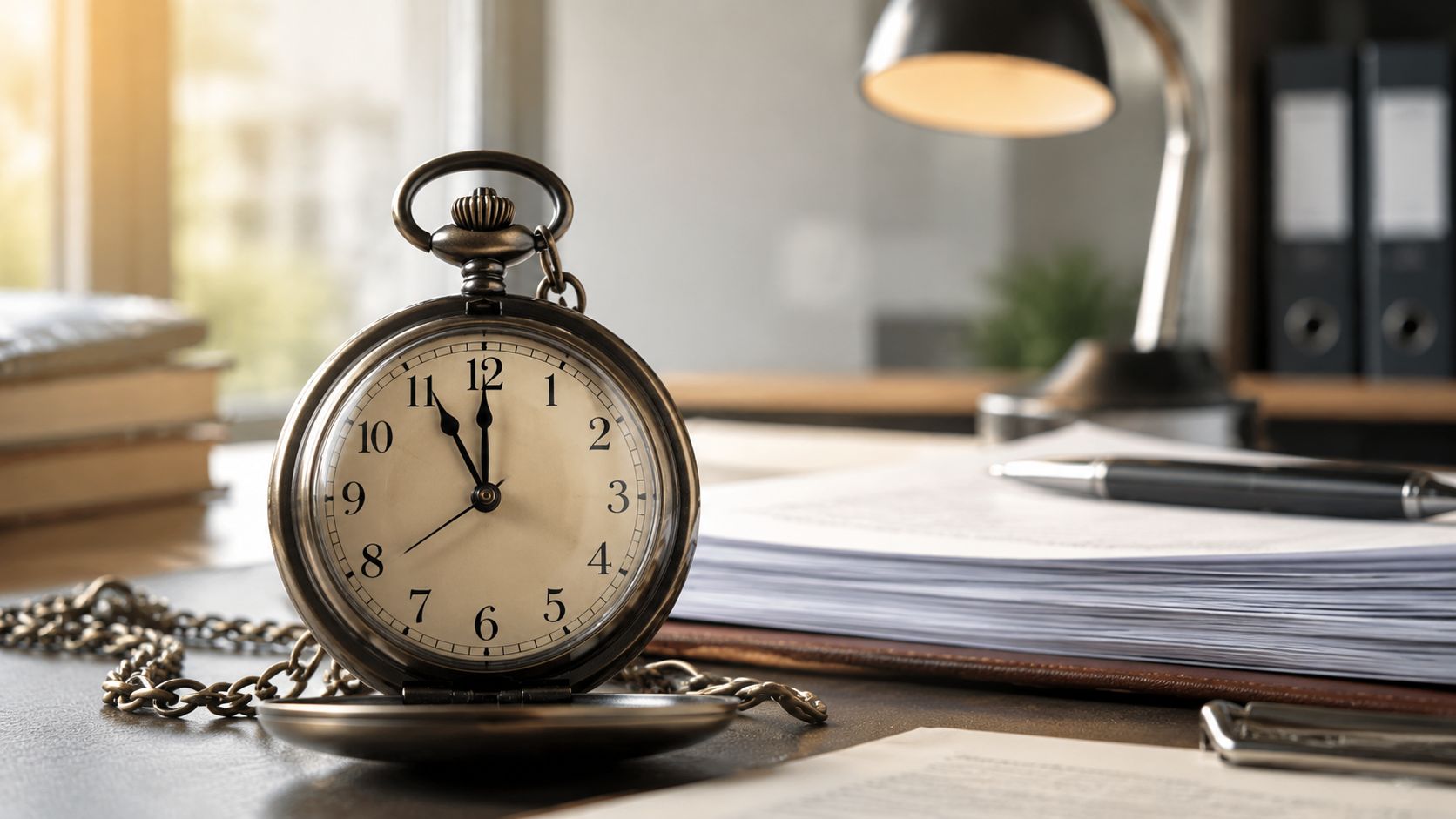 An antique pocket watch sitting on a desk with legal documents and a pen nearby.