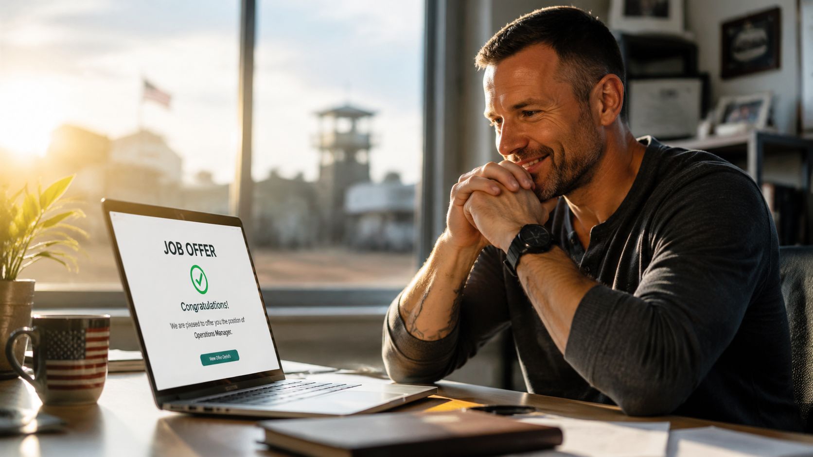 A happy man looking at a job offer for an operations manager position on his laptop screen.
