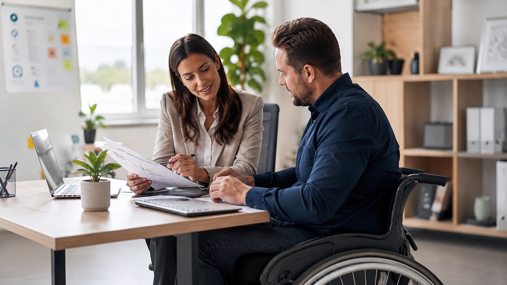 A professional woman and a man in a wheelchair collaborating on documents in a modern office environment.