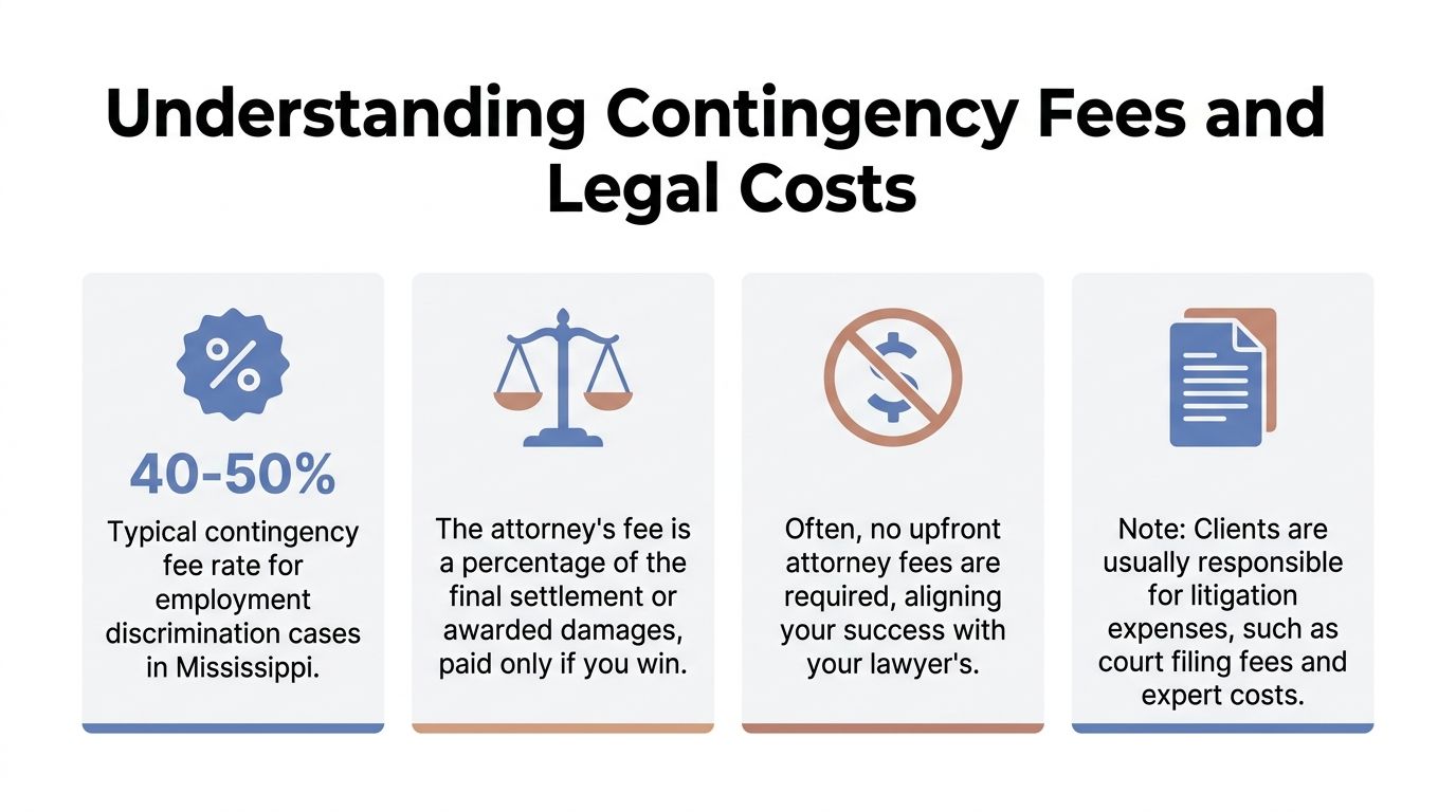 An infographic explaining contingency fee structures for employment discrimination legal cases in Mississippi.